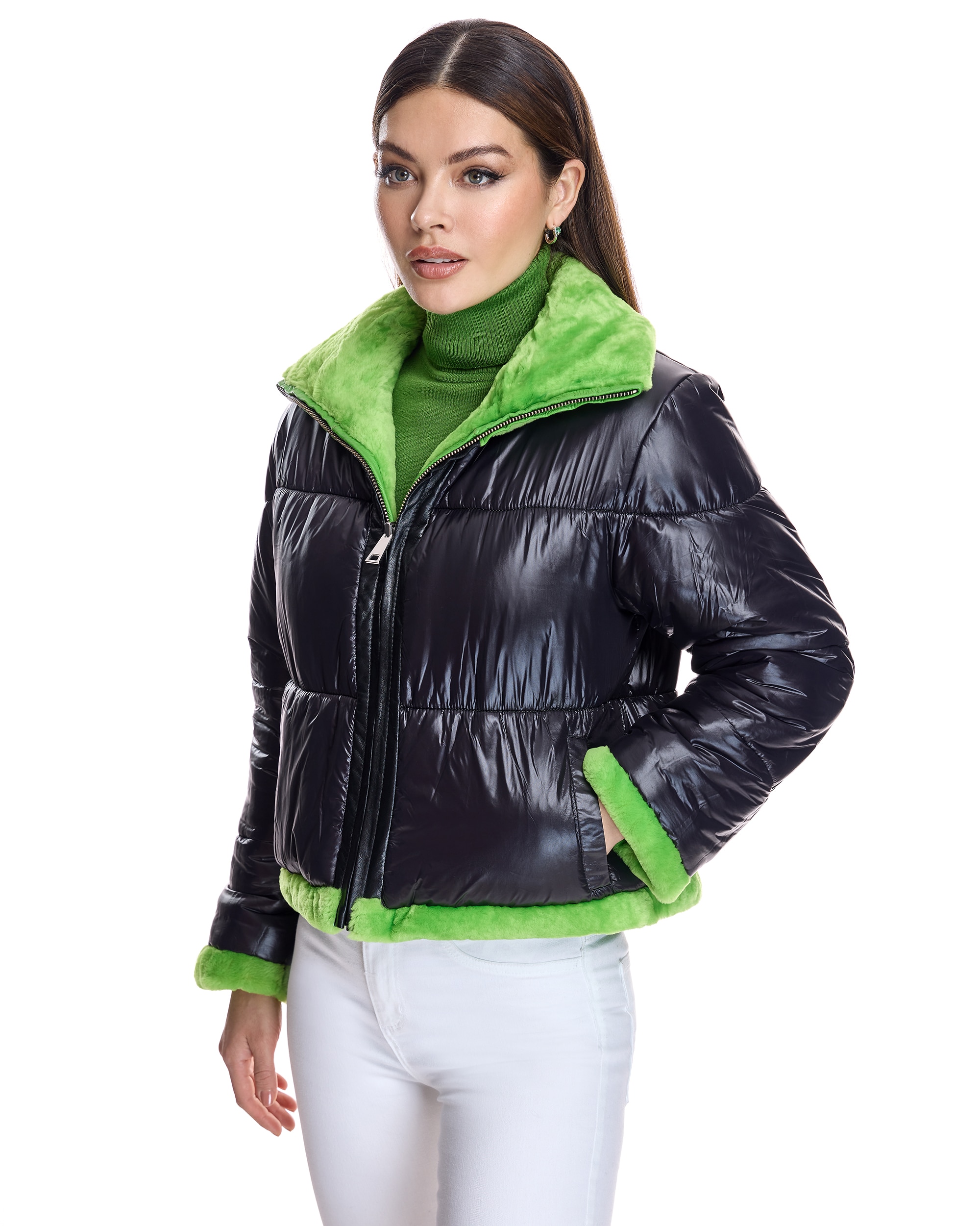 Chaqueta de pelo de mujer reversible de cordero - Maximilian - Verde claro Verde claro-5