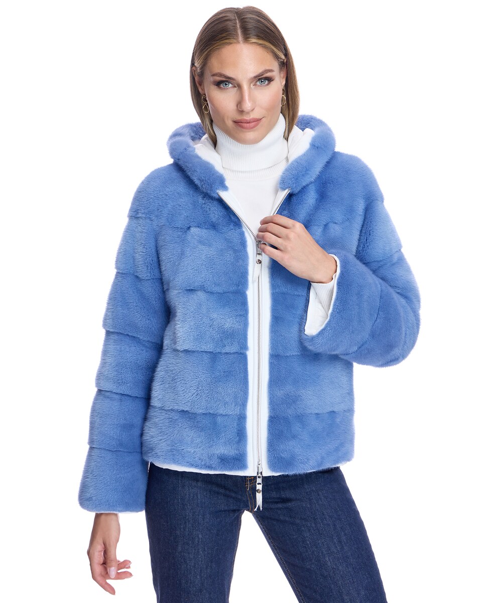 Anorak Plumifero Reversible Pelo Pelo Azul Chaqueta Con Capucha De