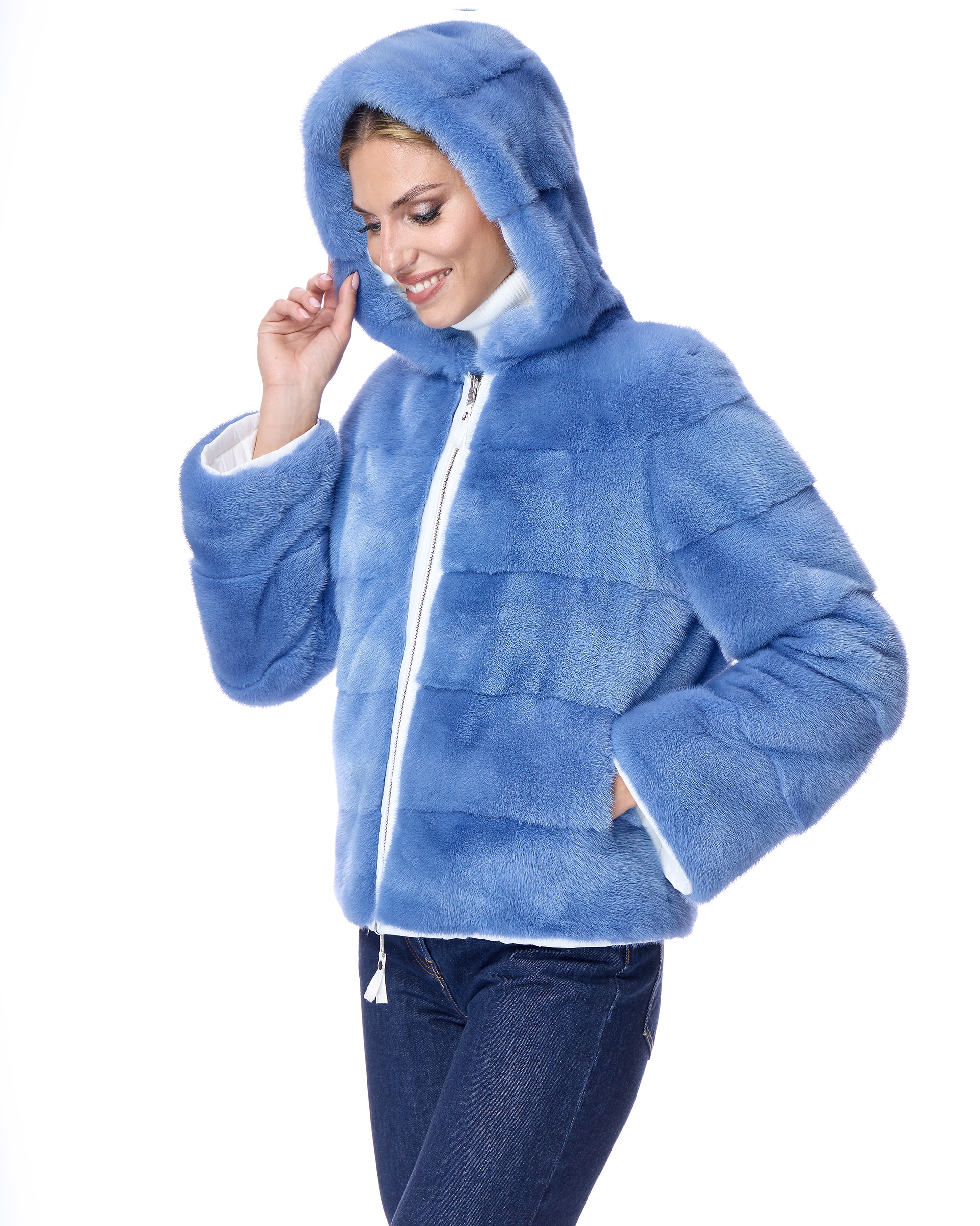 Chaqueta de pelo de mujer de visón reversible con capucha - Maximilian - Azul claro Azul claro-2