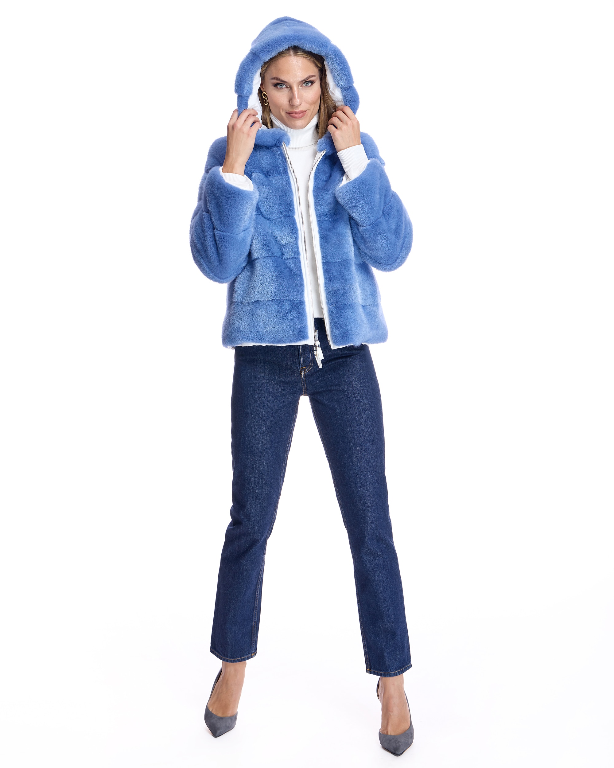 Chaqueta de pelo de mujer de visón reversible con capucha - Maximilian - Azul claro Azul claro-4