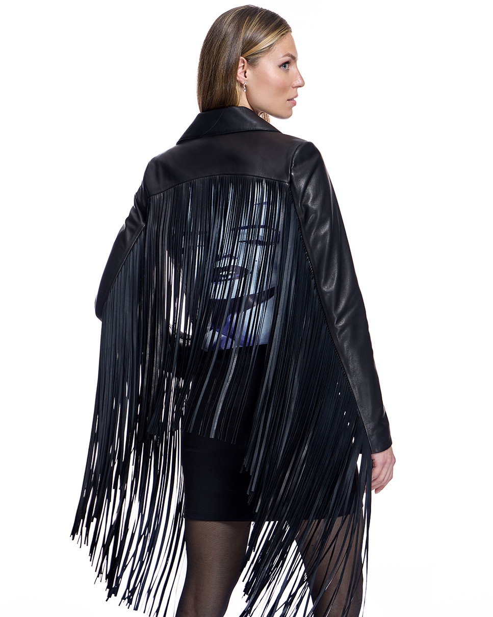 Cazadora de cuero de mujer con flecos y estampado en la espalda - Maximilian - Negro Negro-3