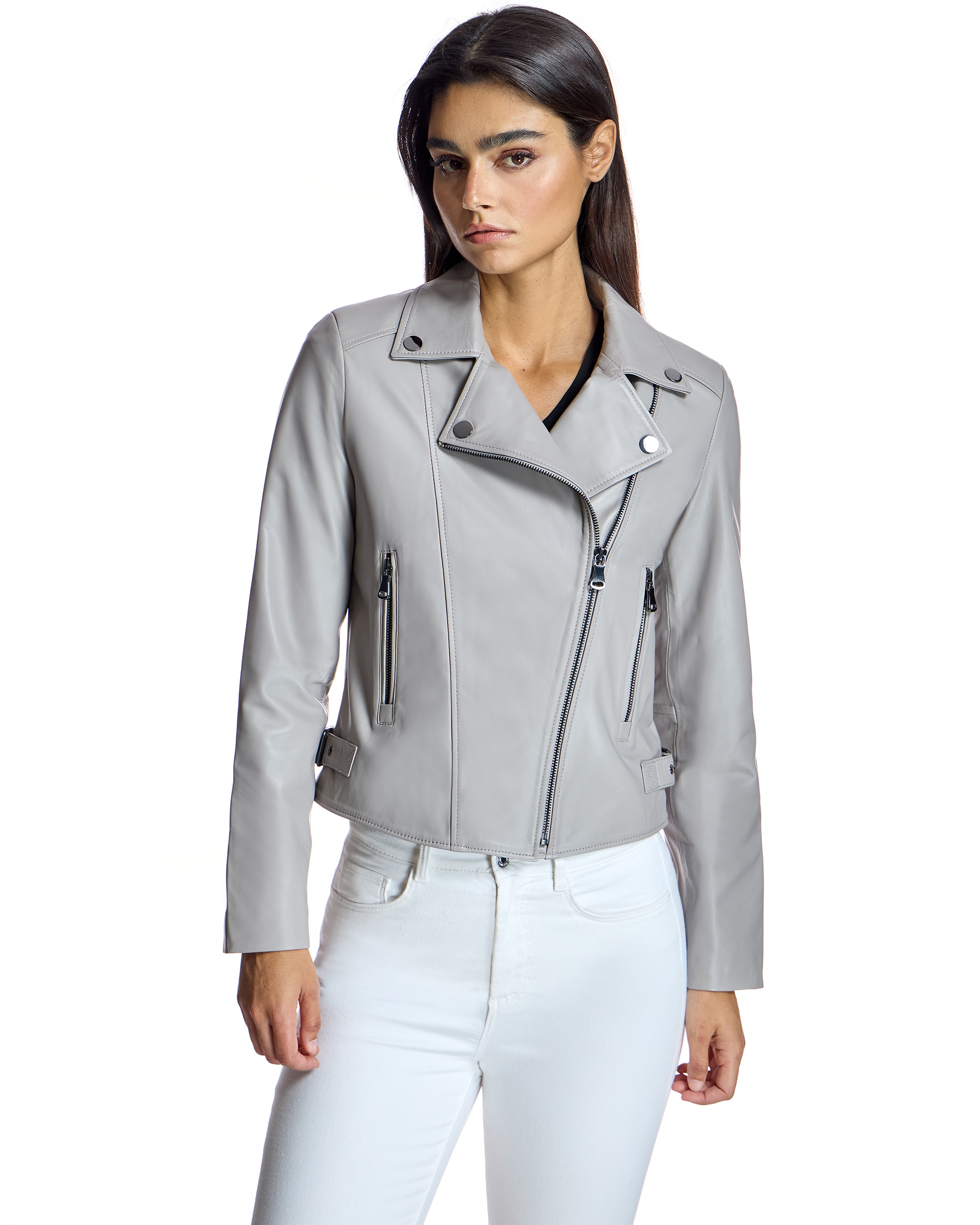 Cazadora de mujer perfecto de piel - Maximilian - Gris claro Gris claro-1
