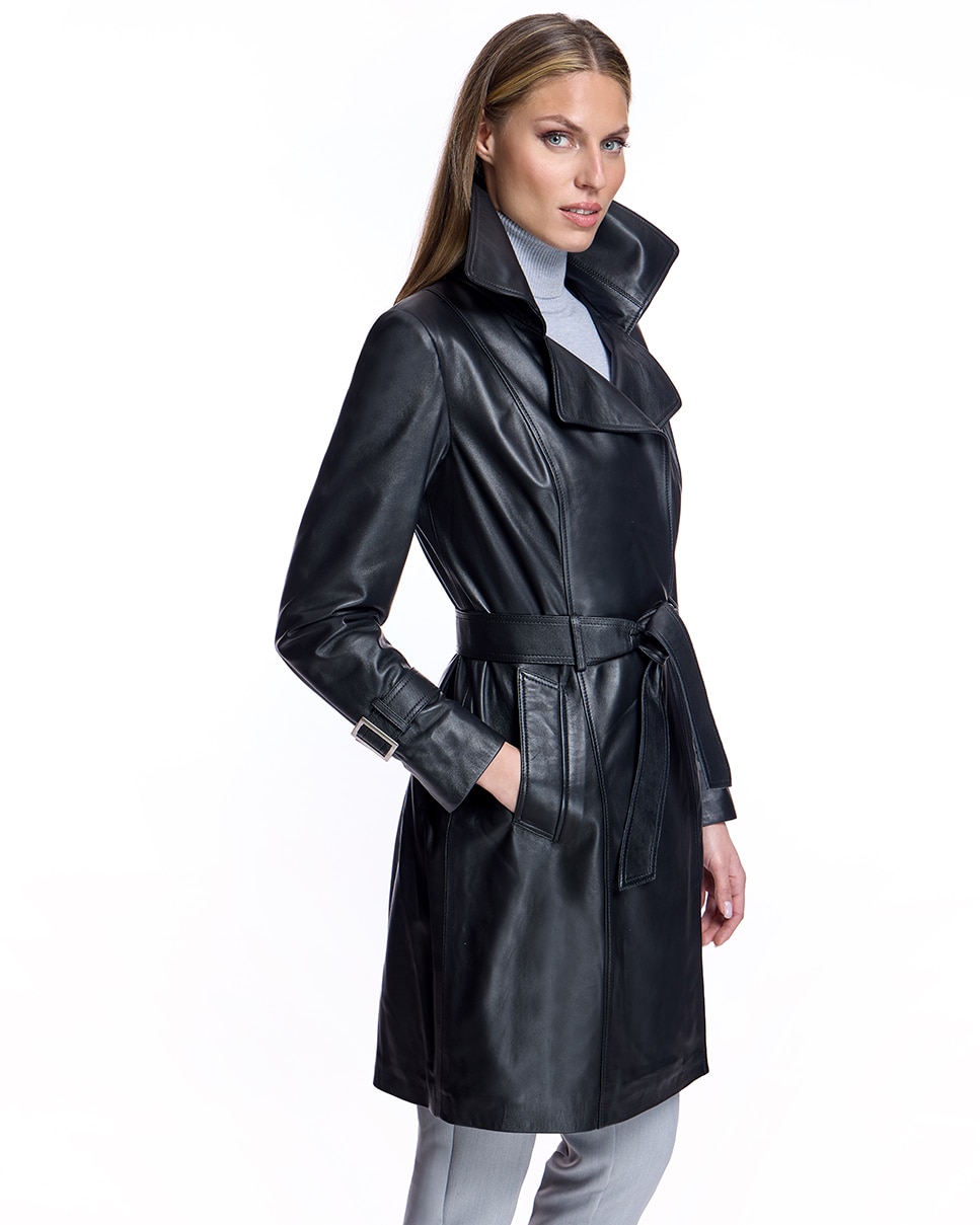 Abrigo de mujer de cuero con cinturón y cuello solapa - Maximilian - Negro Negro-2