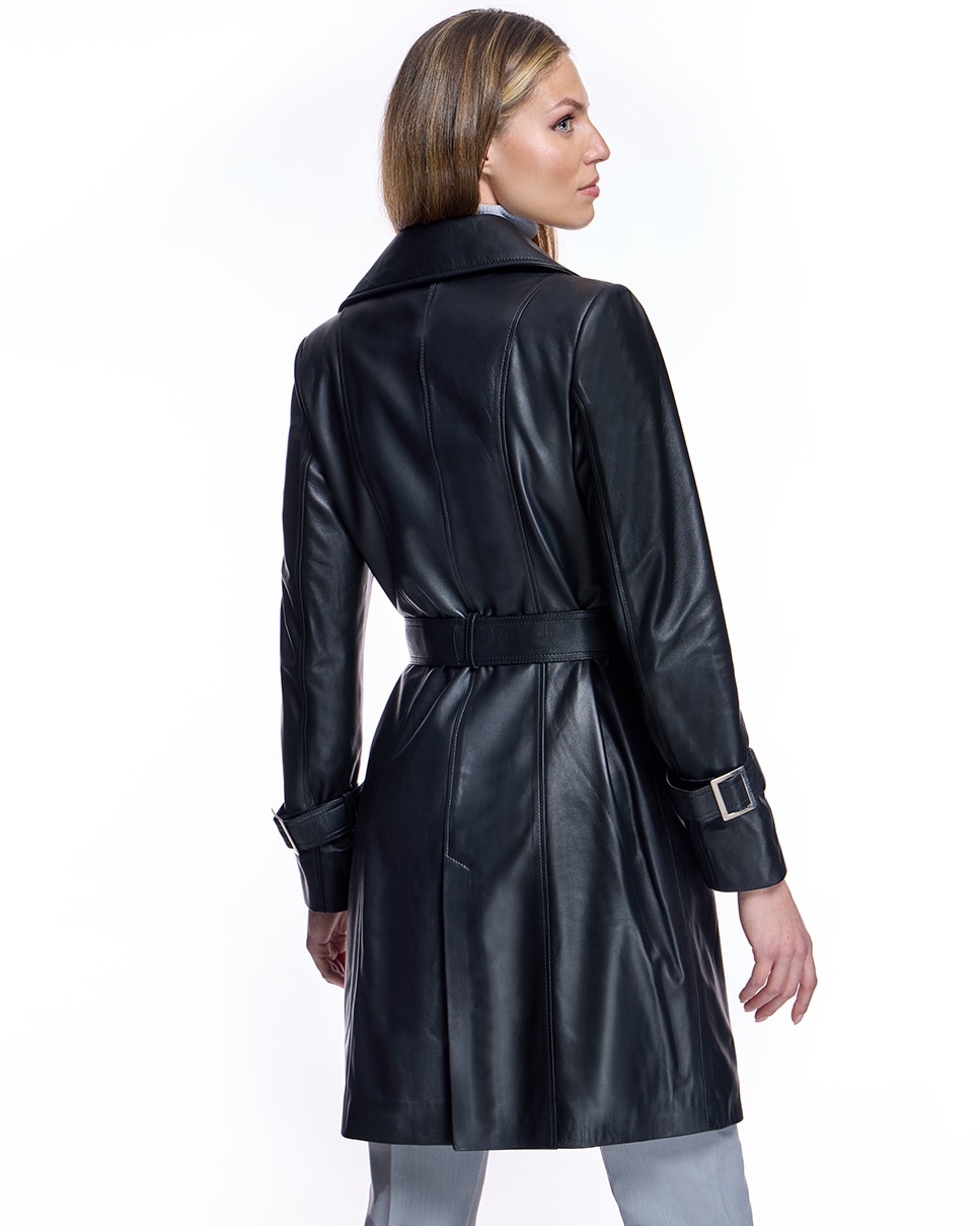 Abrigo de mujer de cuero con cinturón y cuello solapa - Maximilian - Negro Negro-3