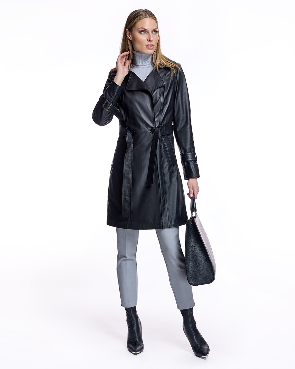 Abrigo de mujer de cuero con cinturón y cuello solapa - Maximilian - Negro Negro-4