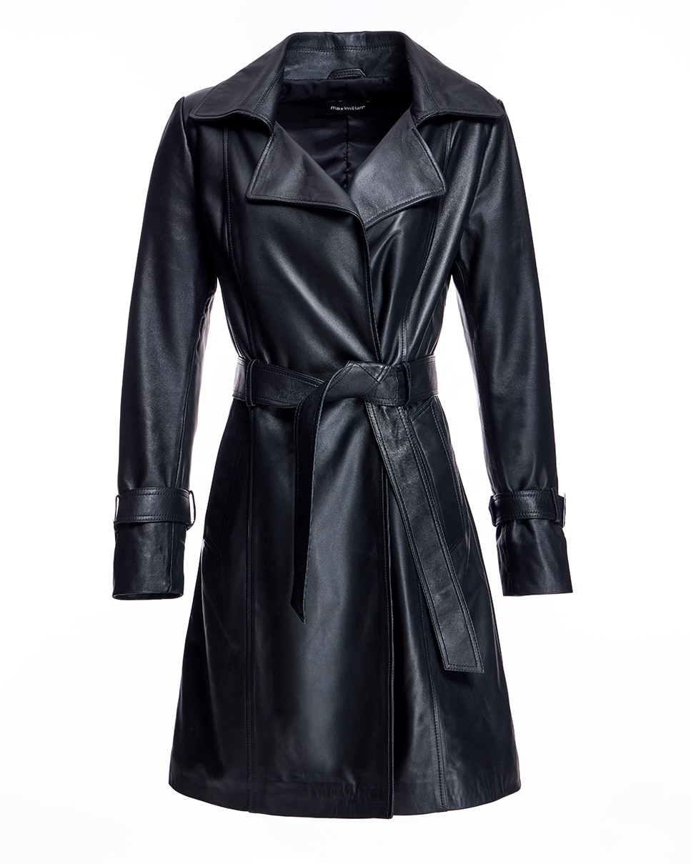 Abrigo de mujer de cuero con cinturón y cuello solapa - Maximilian - Negro Negro-6