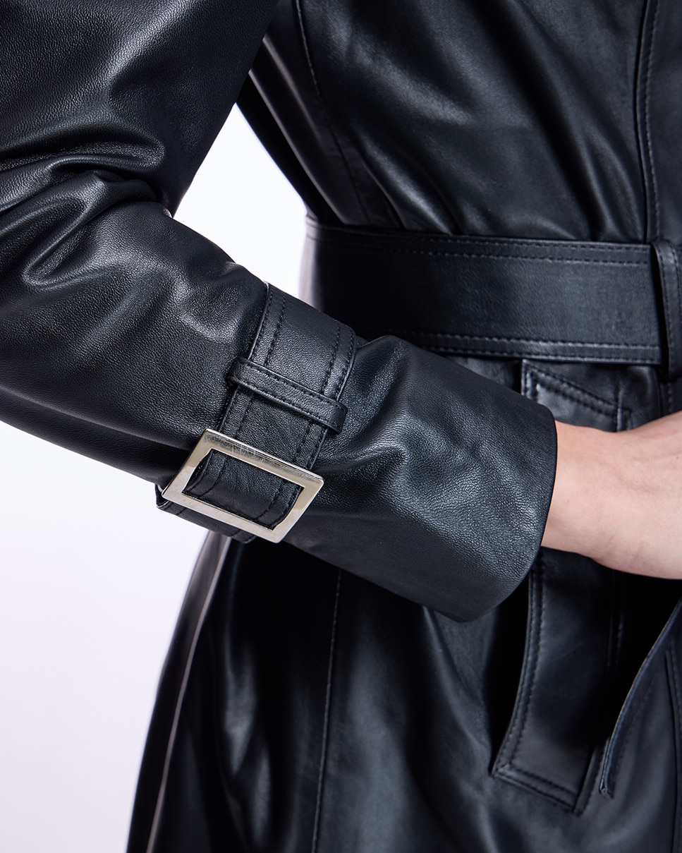 Abrigo de mujer de cuero con cinturón y cuello solapa - Maximilian - Negro Negro-5