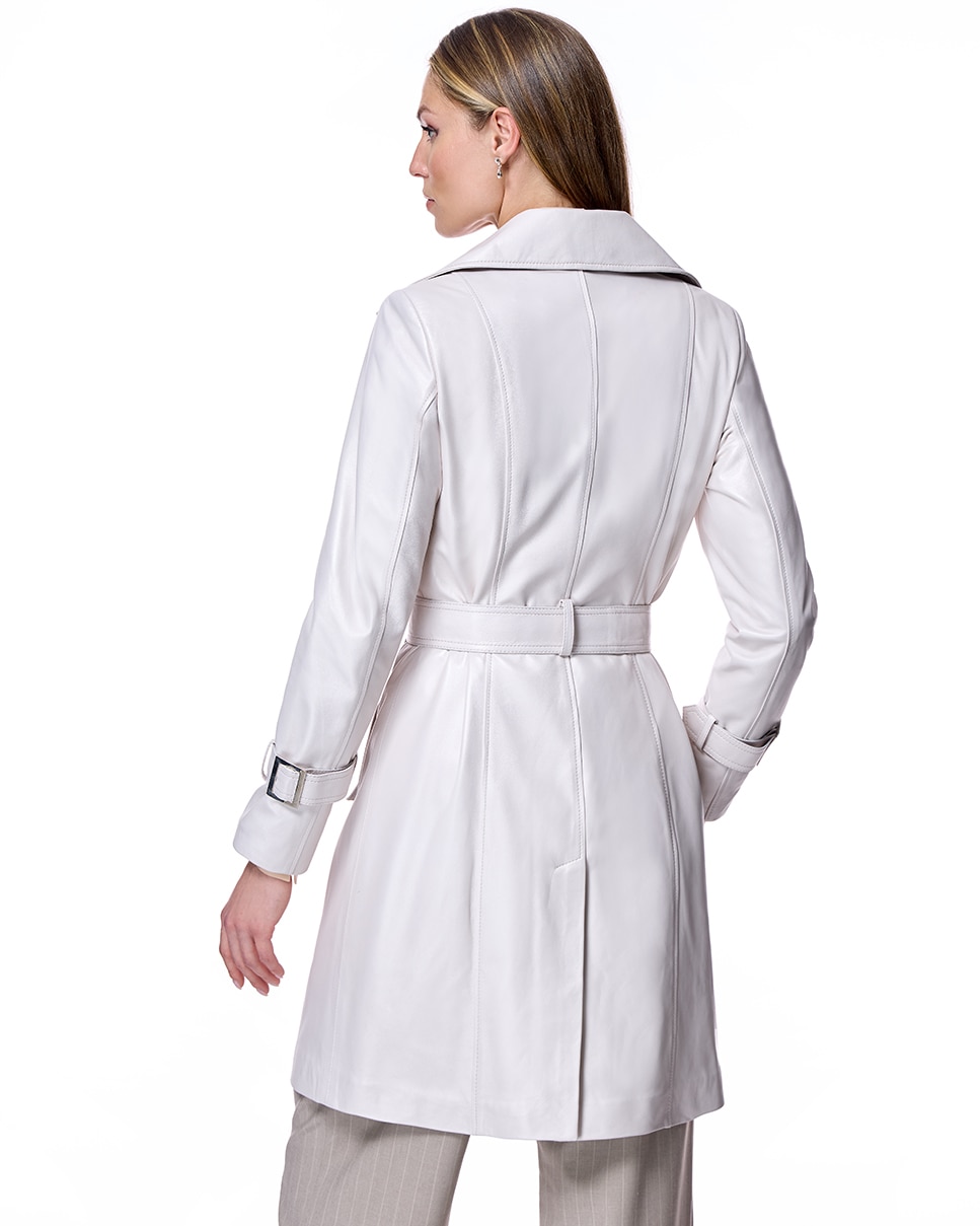 Abrigo de mujer de cuero con cinturón y cuello solapa - Maximilian - Blanco Blanco-3