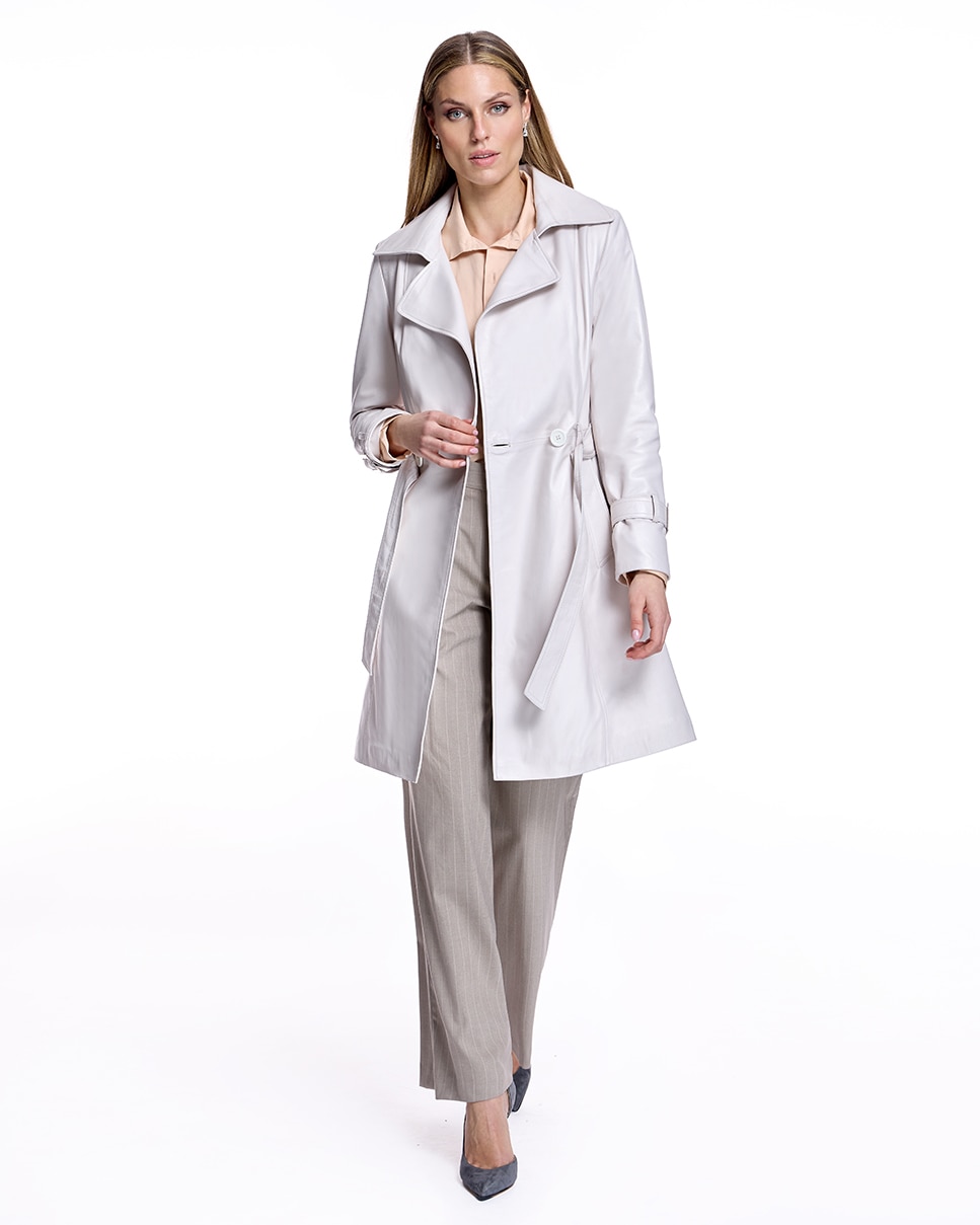 Abrigo de mujer de cuero con cinturón y cuello solapa - Maximilian - Blanco Blanco-4