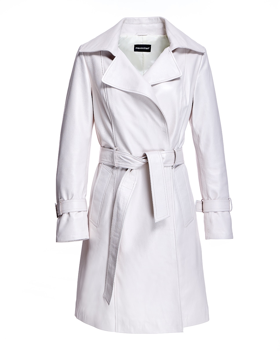 Abrigo de mujer de cuero con cinturón y cuello solapa - Maximilian - Blanco Blanco-6