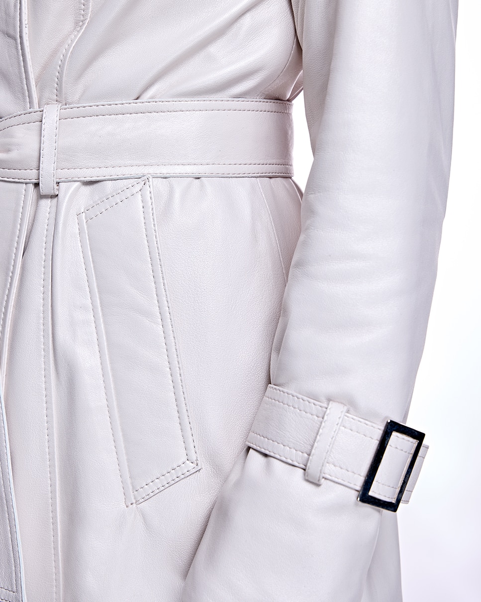 Abrigo de mujer de cuero con cinturón y cuello solapa - Maximilian - Blanco Blanco-5