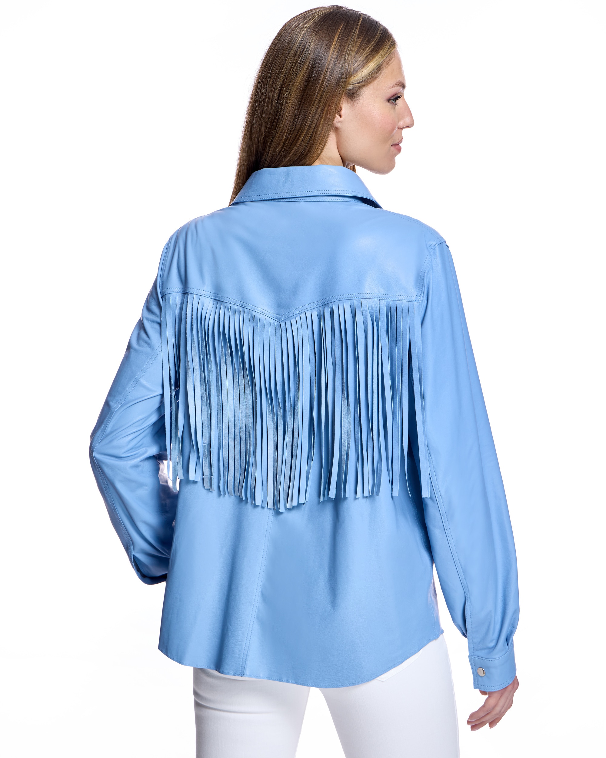 Sobrecamisa de mujer de cuero con bolsillos plaqué y flecos en la espalda - Maximilian - Azul claro Azul claro-3