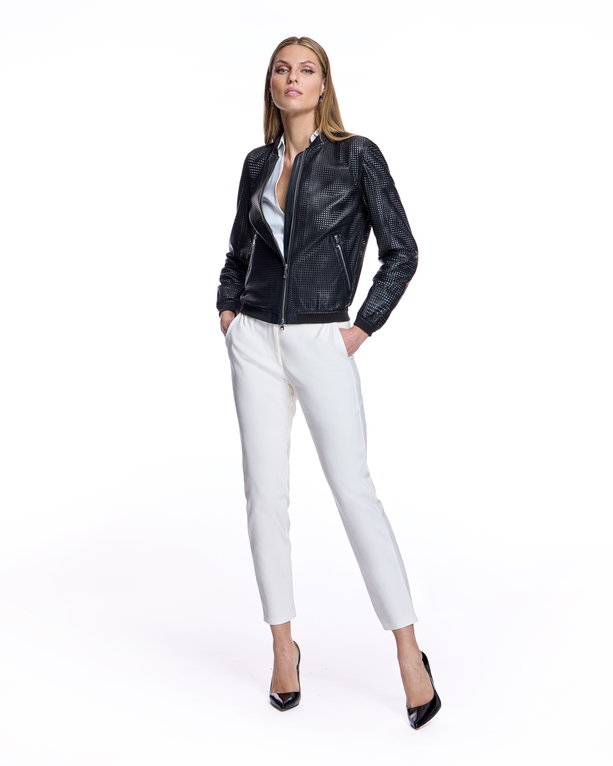 Chaqueta de mujer de cuero troquelado con cremallera - Maximilian - Negro Negro-4