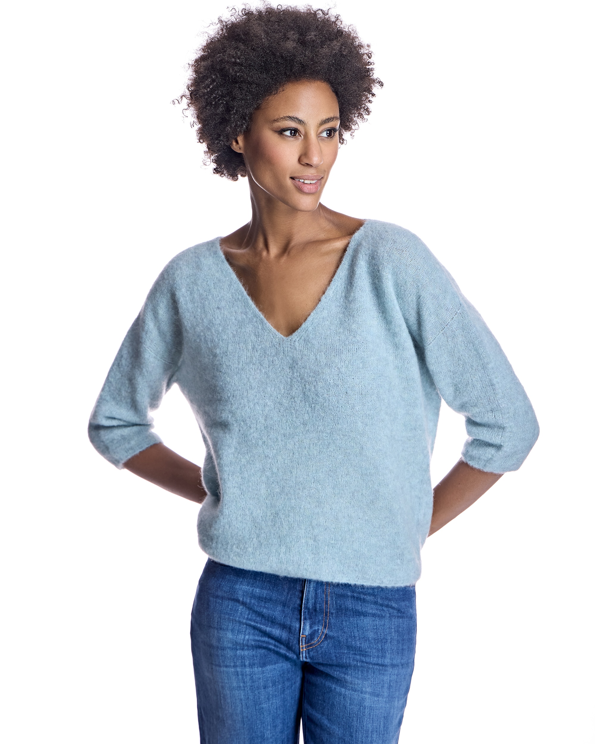 Jersey de mujer con cuello pico y manga francesa - Maximilian - Azul claro Azul claro-1