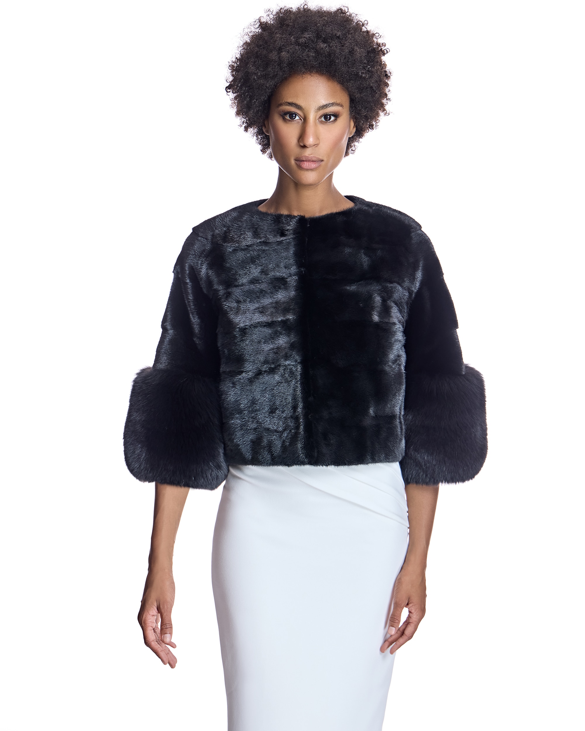 Chaqueta de mujer de pelo de visón con puños de zorro y mangas 3/4 - Maximilian - Negro Negro-1