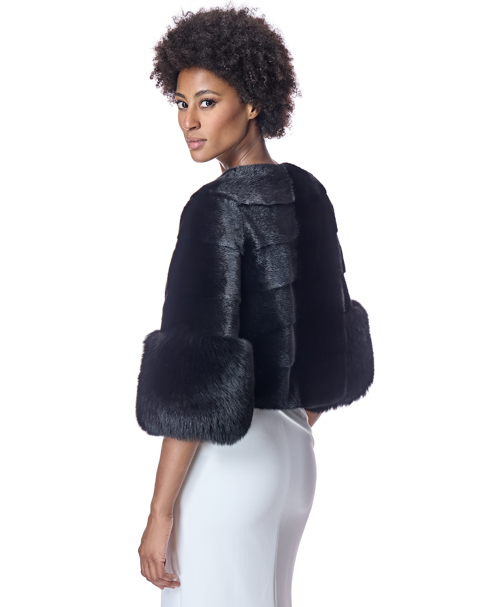 Chaqueta de mujer de pelo de visón con puños de zorro y mangas 3/4 - Maximilian - Negro Negro-3