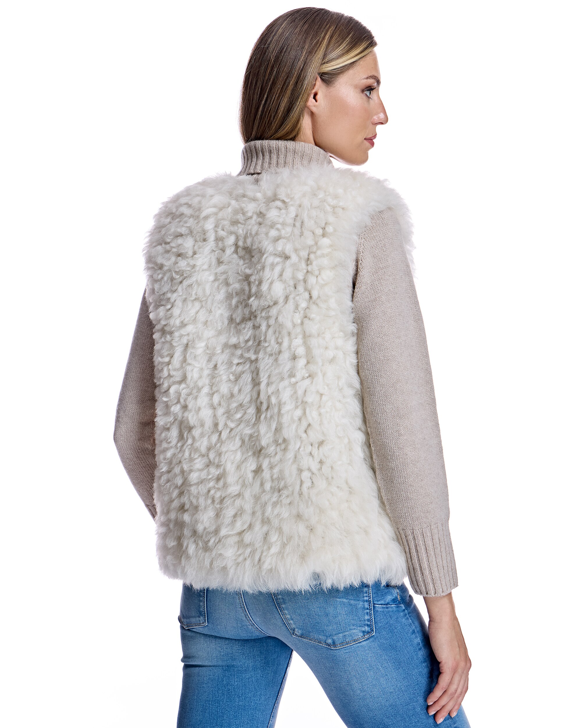 Chaleco de pelo de mujer de cordero con cierre trenca - Maximilian - Beige Beige-3