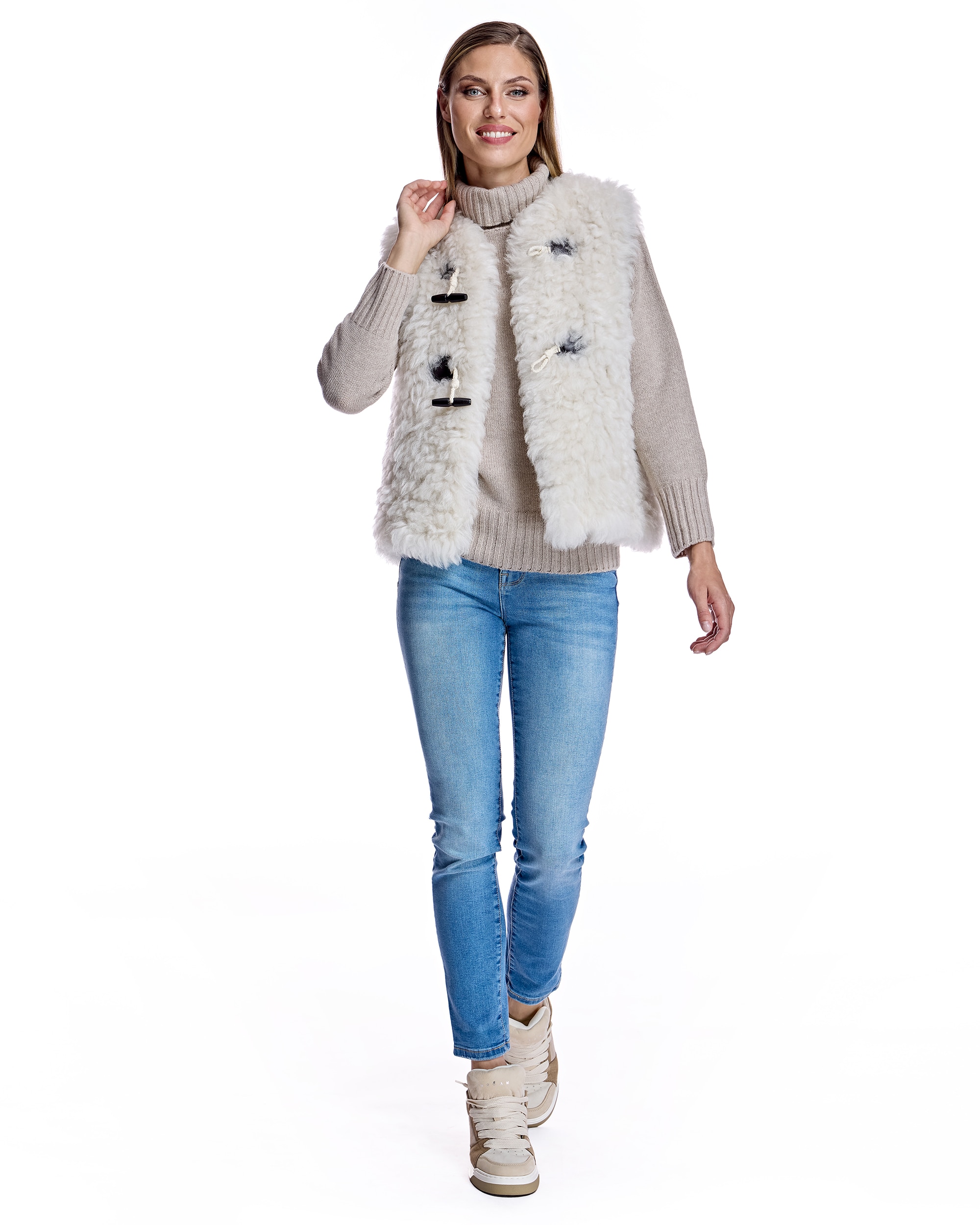 Chaleco de pelo de mujer de cordero con cierre trenca - Maximilian - Beige Beige-4