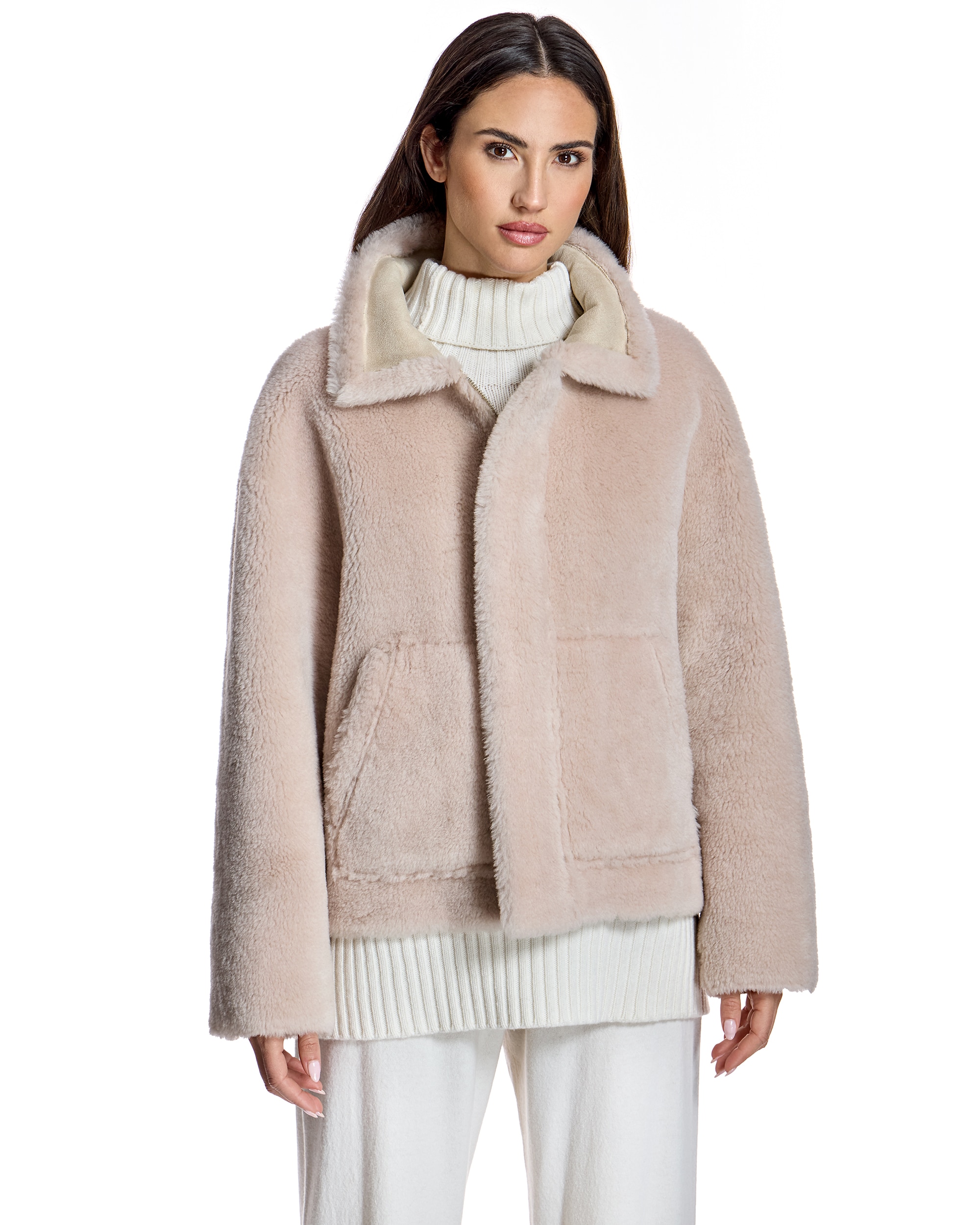 Chaqueta de mujer de lana de cordero con cuello camisero y bolsillos - Maximilian - Beige Beige-1