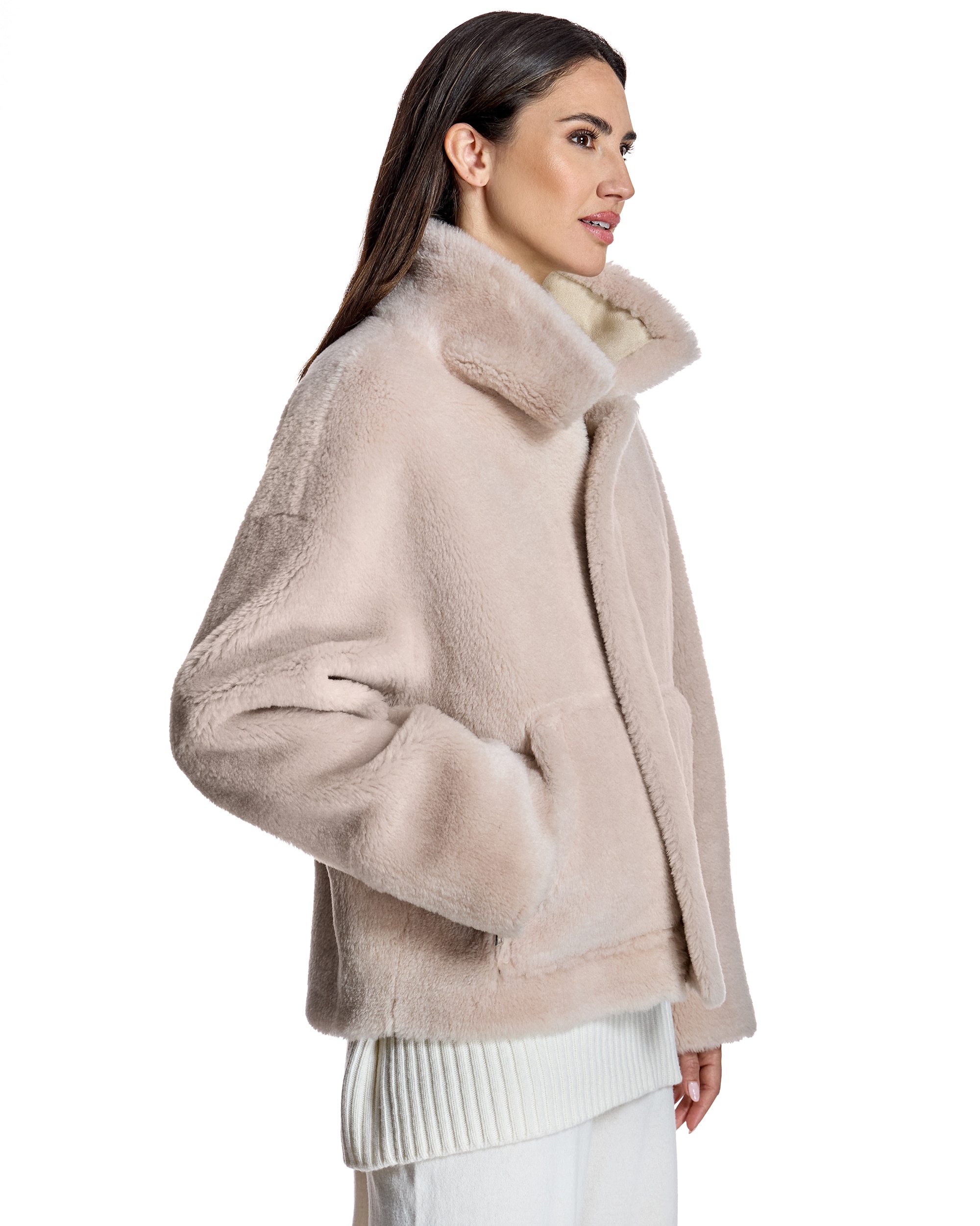 Chaqueta de mujer de lana de cordero con cuello camisero y bolsillos - Maximilian - Beige Beige-2
