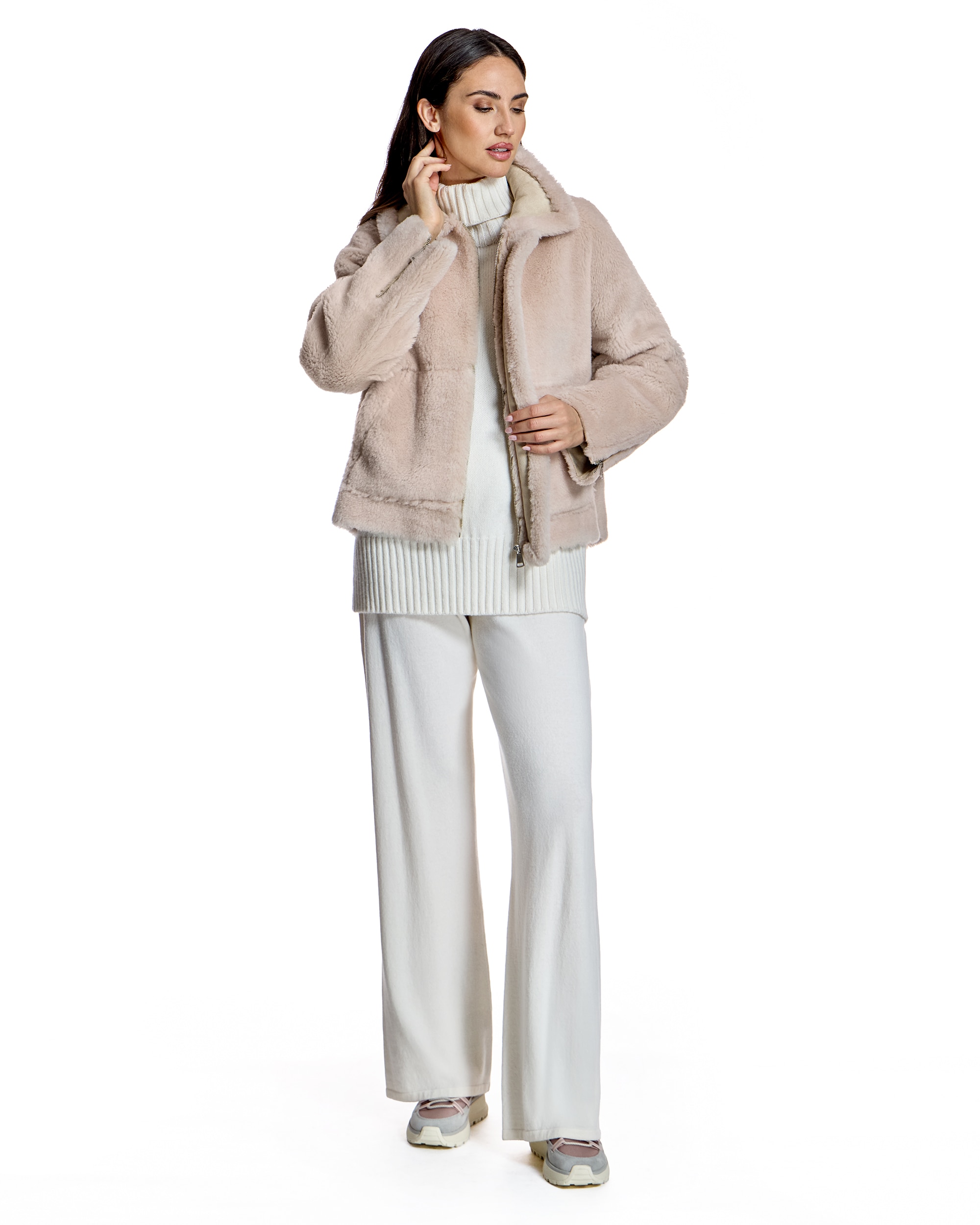 Chaqueta de mujer de lana de cordero con cuello camisero y bolsillos - Maximilian - Beige Beige-4