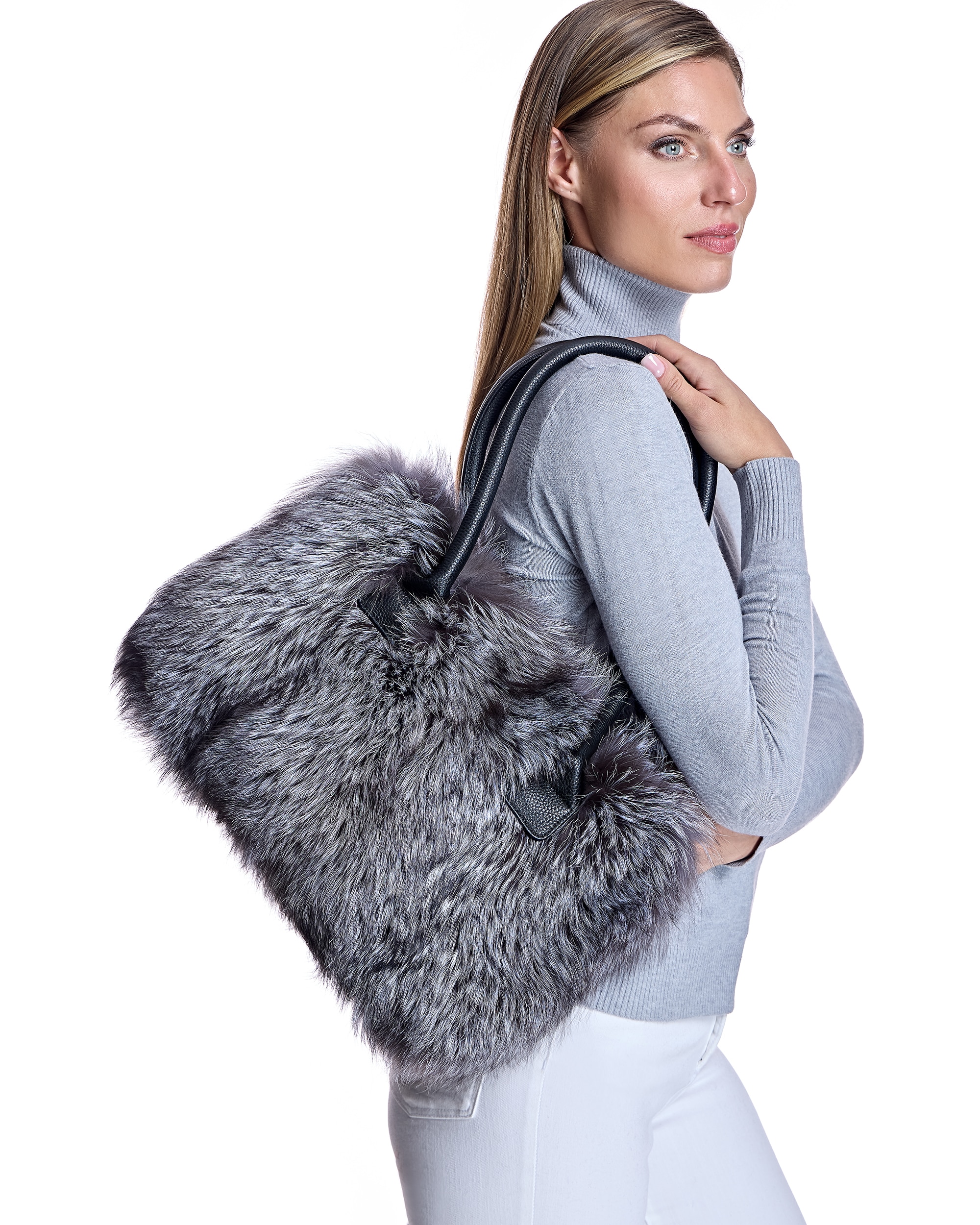 Bolso de mano de pelo de zorro con asa de cuero en color - Maximilian - Gris Gris-3