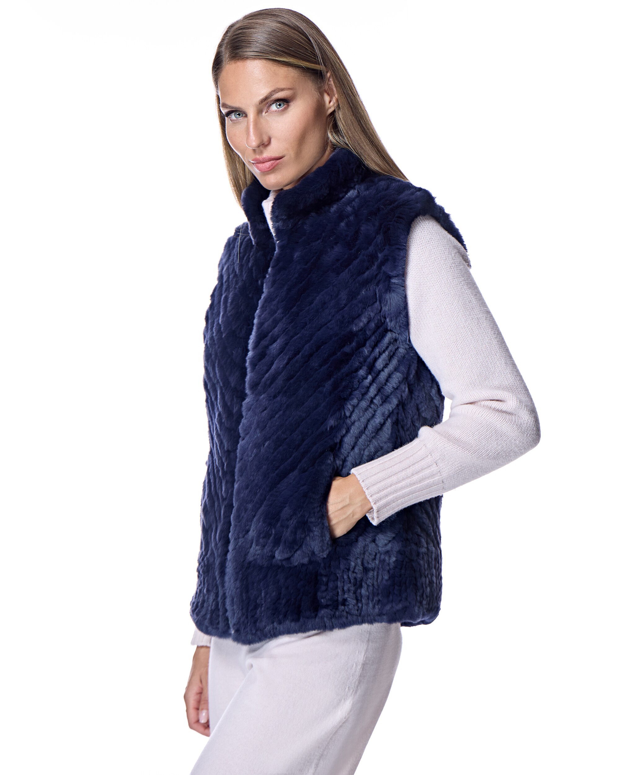 Chaleco de mujer de pelo de rex tricotado con cremallera - Maximilian - Azul marino Azul marino-2