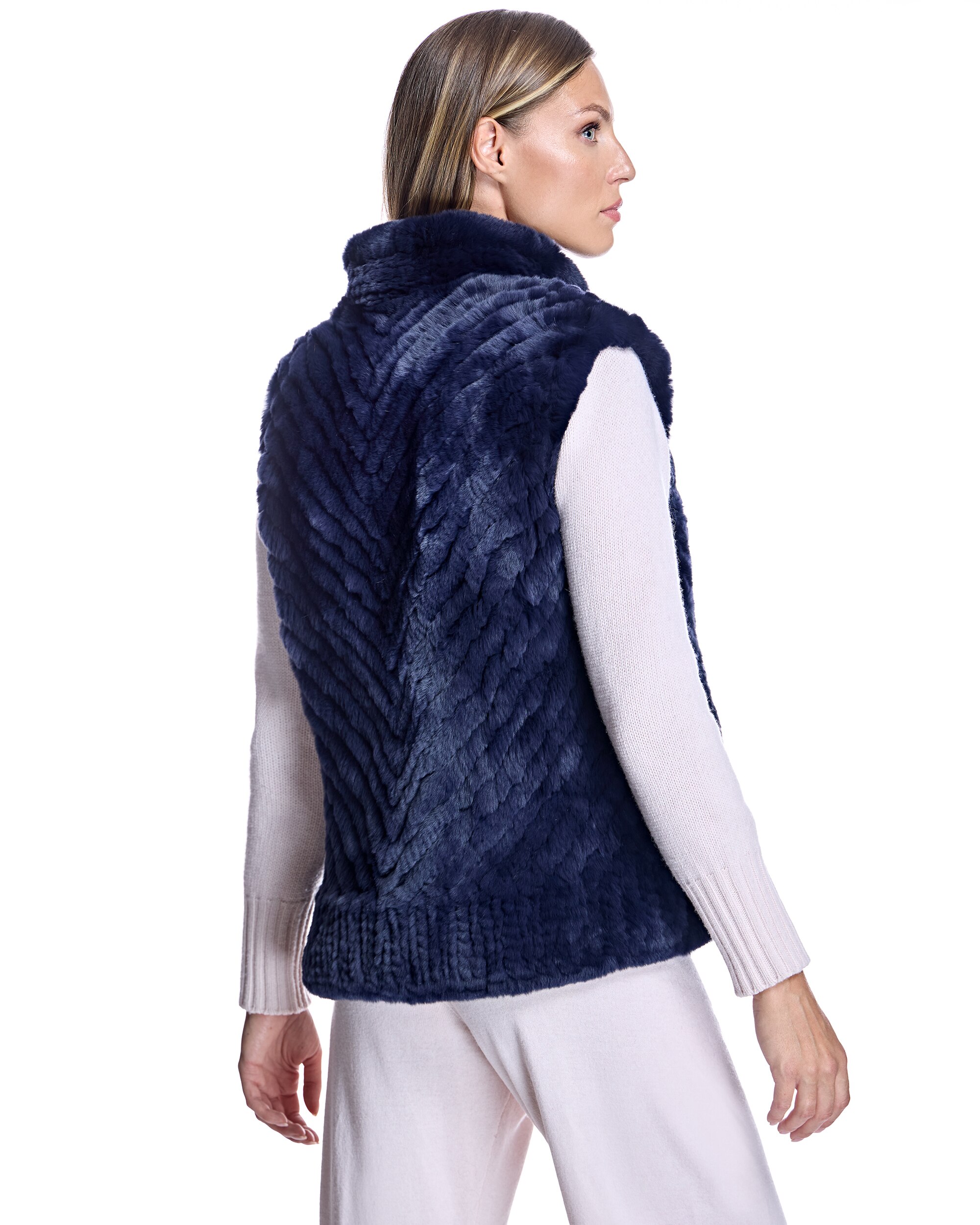 Chaleco de mujer de pelo de rex tricotado con cremallera - Maximilian - Azul marino Azul marino-3