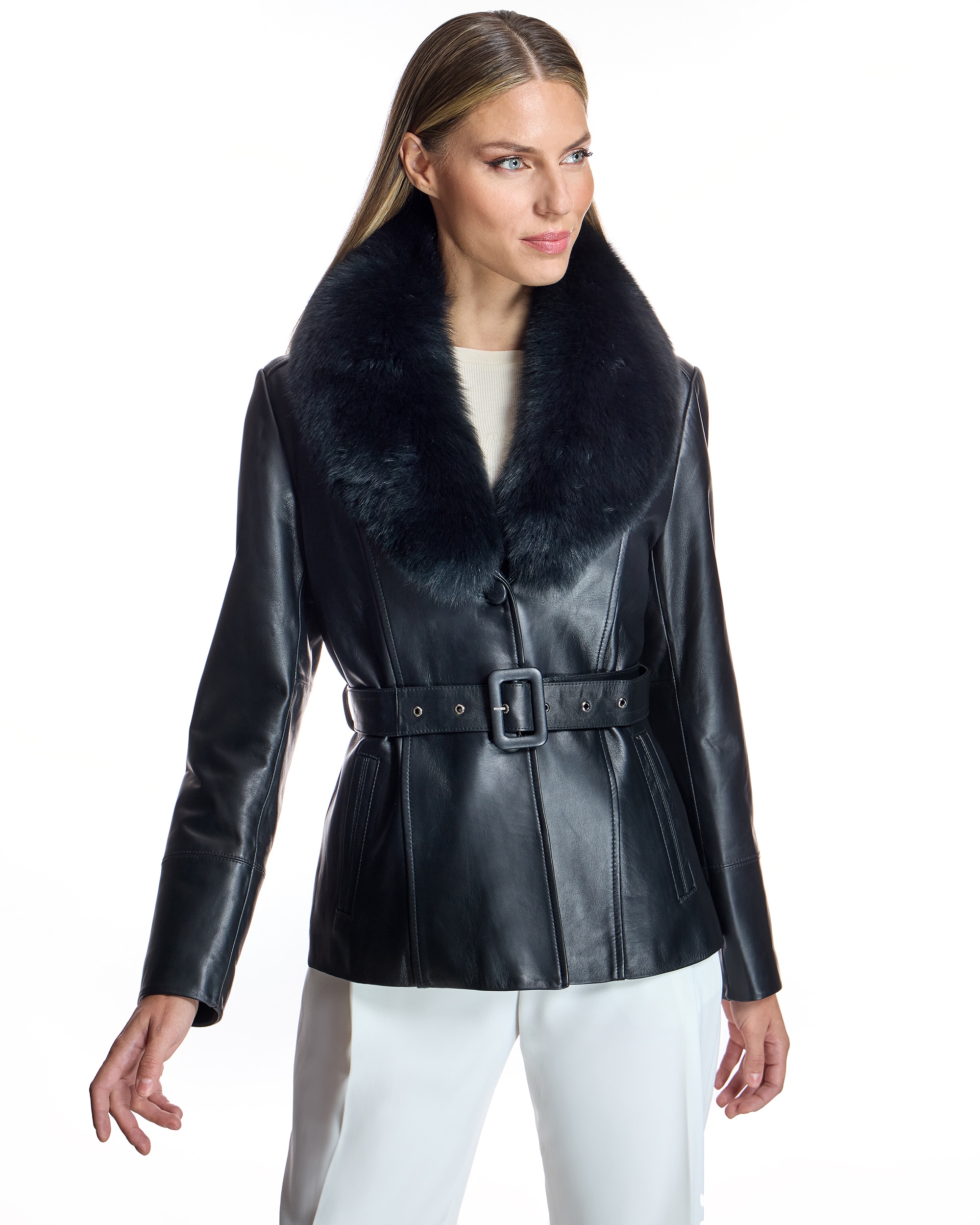 Chaqueta de mujer de piel con cuello de zorro desmontable - Maximilian - Negro Negro-1