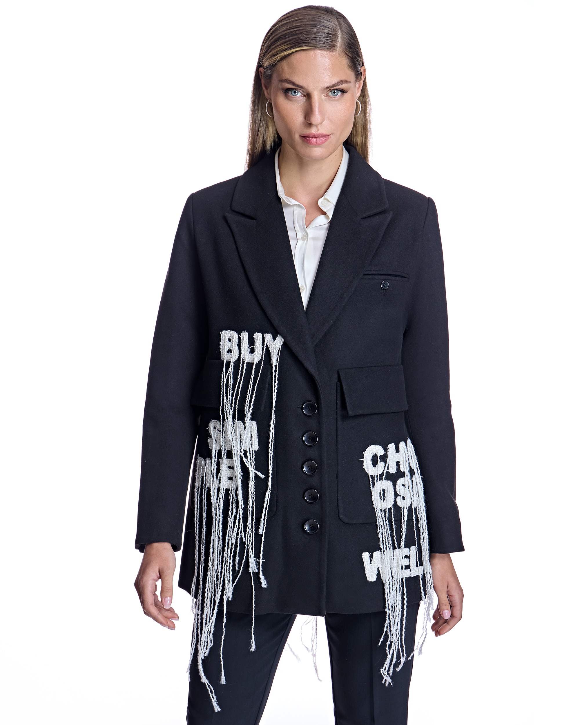 Blazer de mujer de lana con caracteres bordados deshilachados - Maximilian - Negro Negro-1