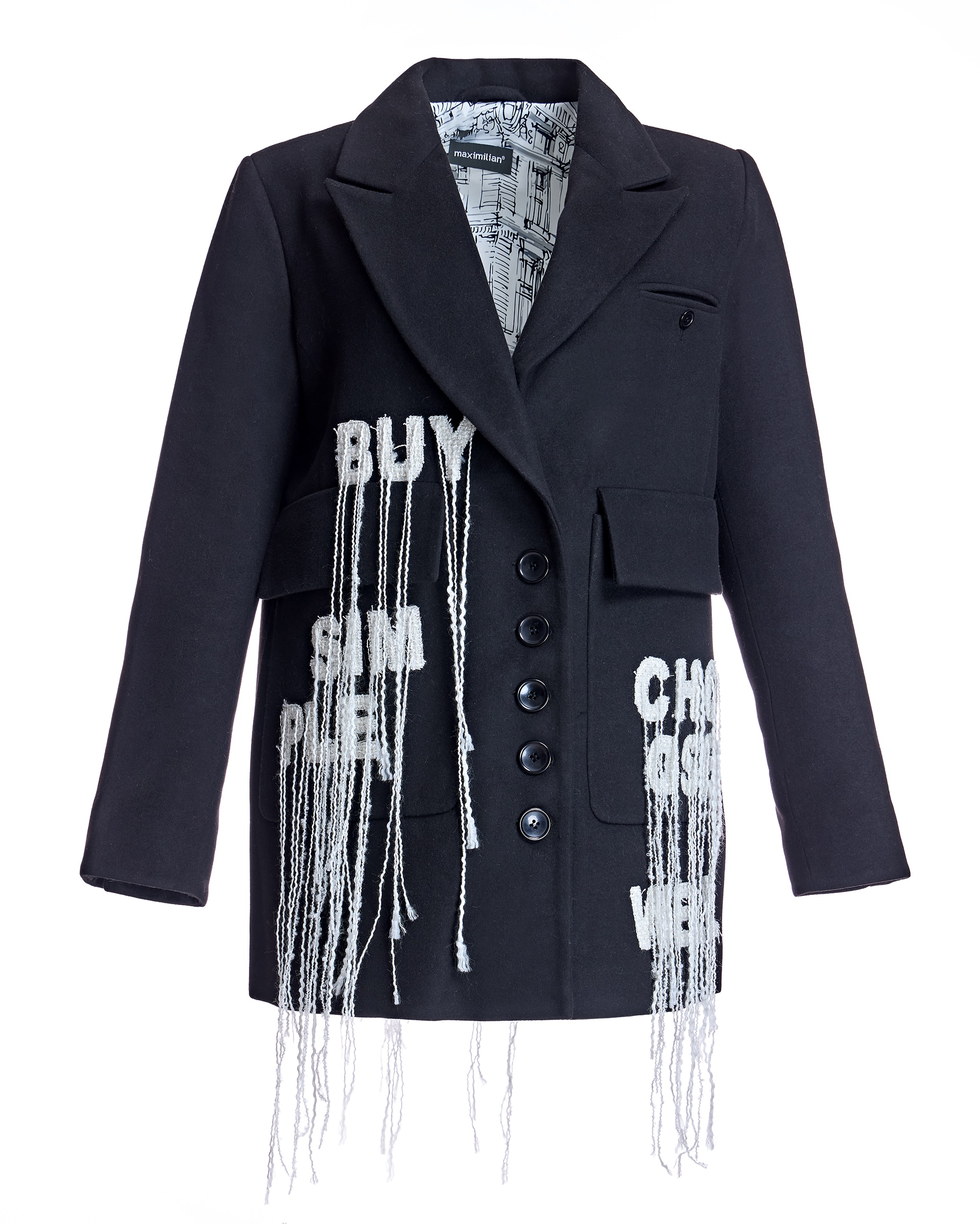 Blazer de mujer de lana con caracteres bordados deshilachados - Maximilian - Negro Negro-6