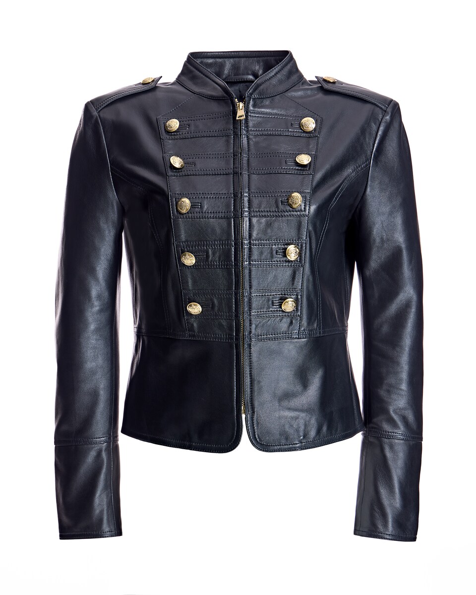 Chaqueta de piel de mujer estilo militar con cremallera