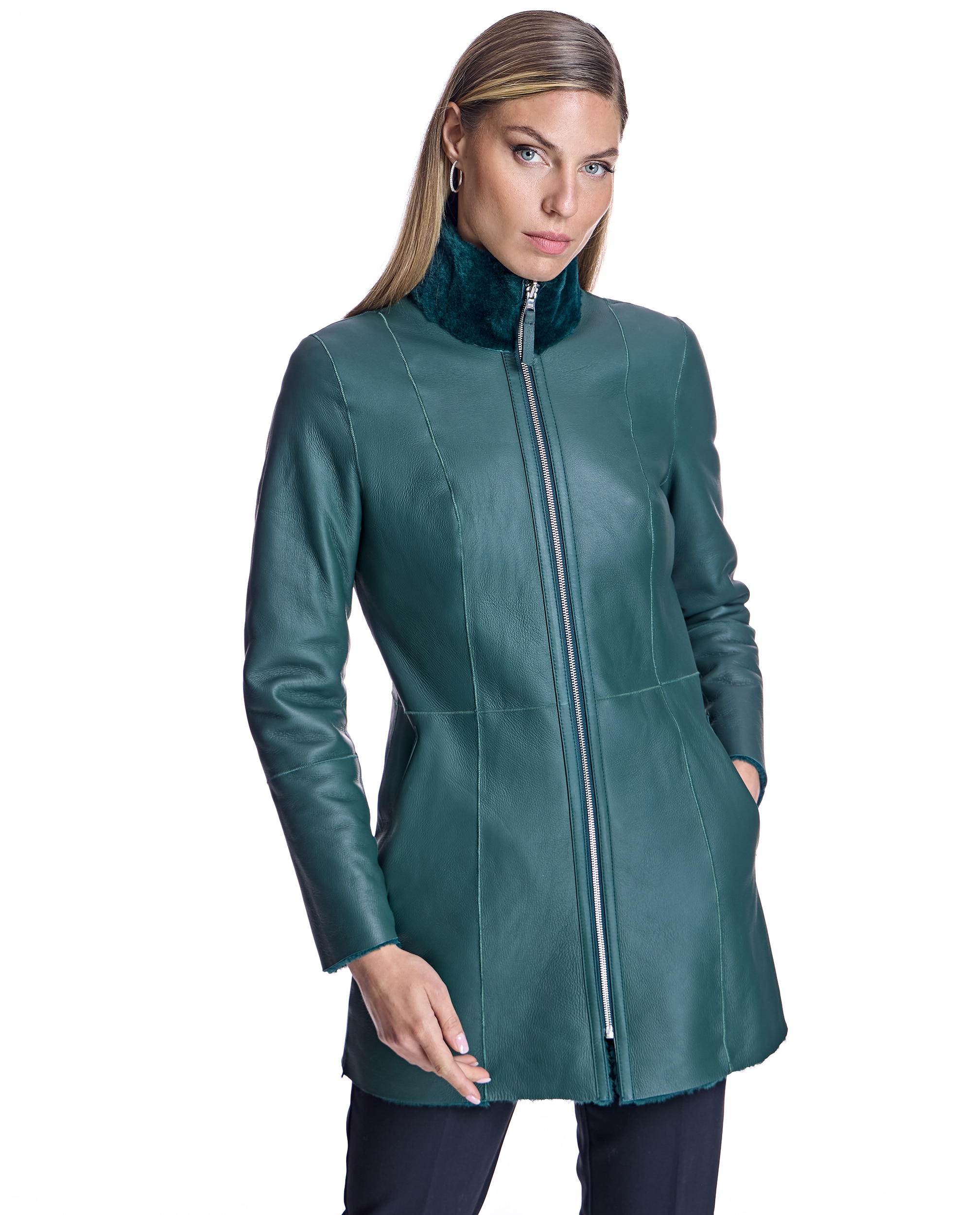 Abrigo de pelo de mujer reversible de cordero con cremallera - Maximilian - Verde oscuro Verde oscuro-1