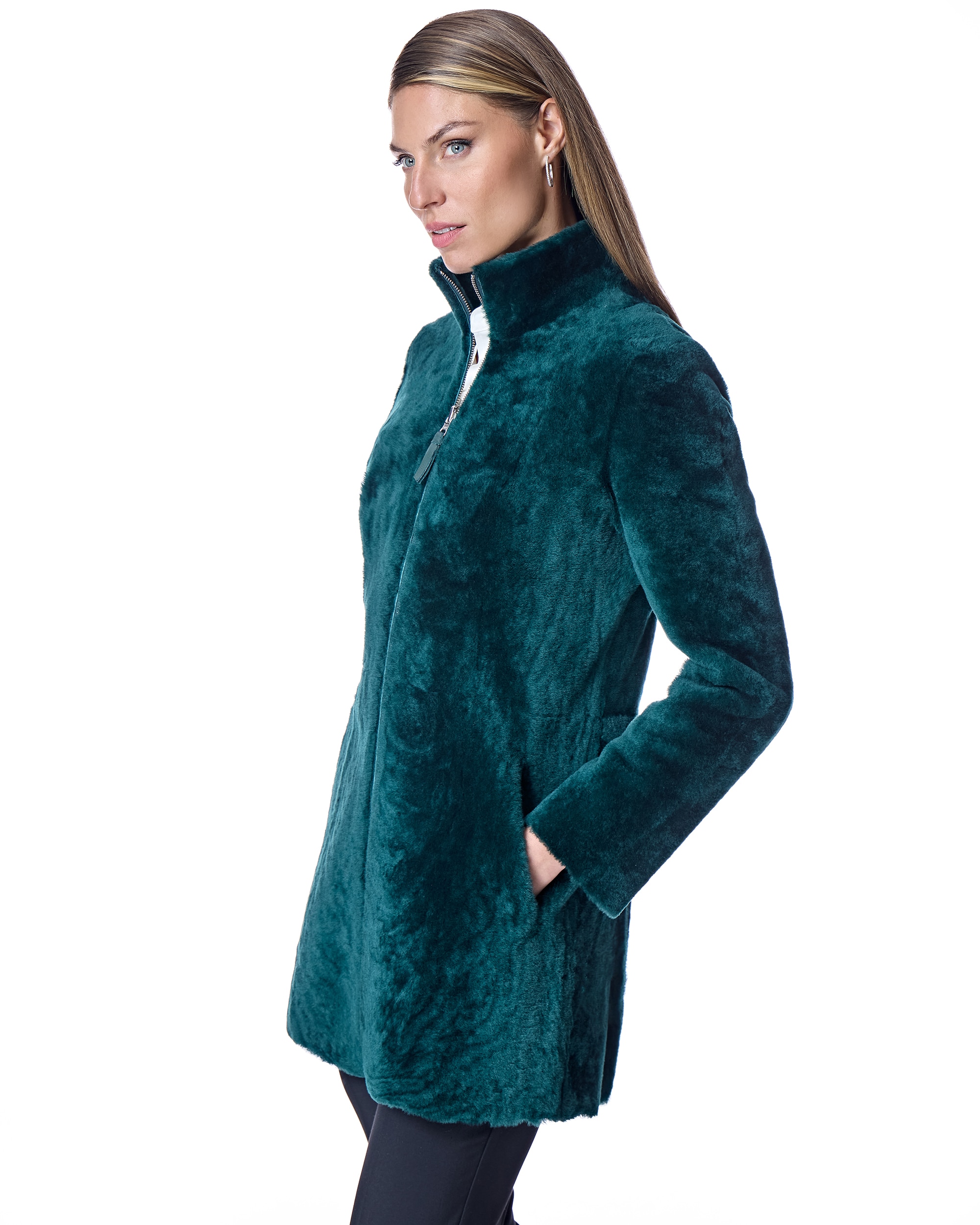 Abrigo de pelo de mujer reversible de cordero con cremallera - Maximilian - Verde oscuro Verde oscuro-2