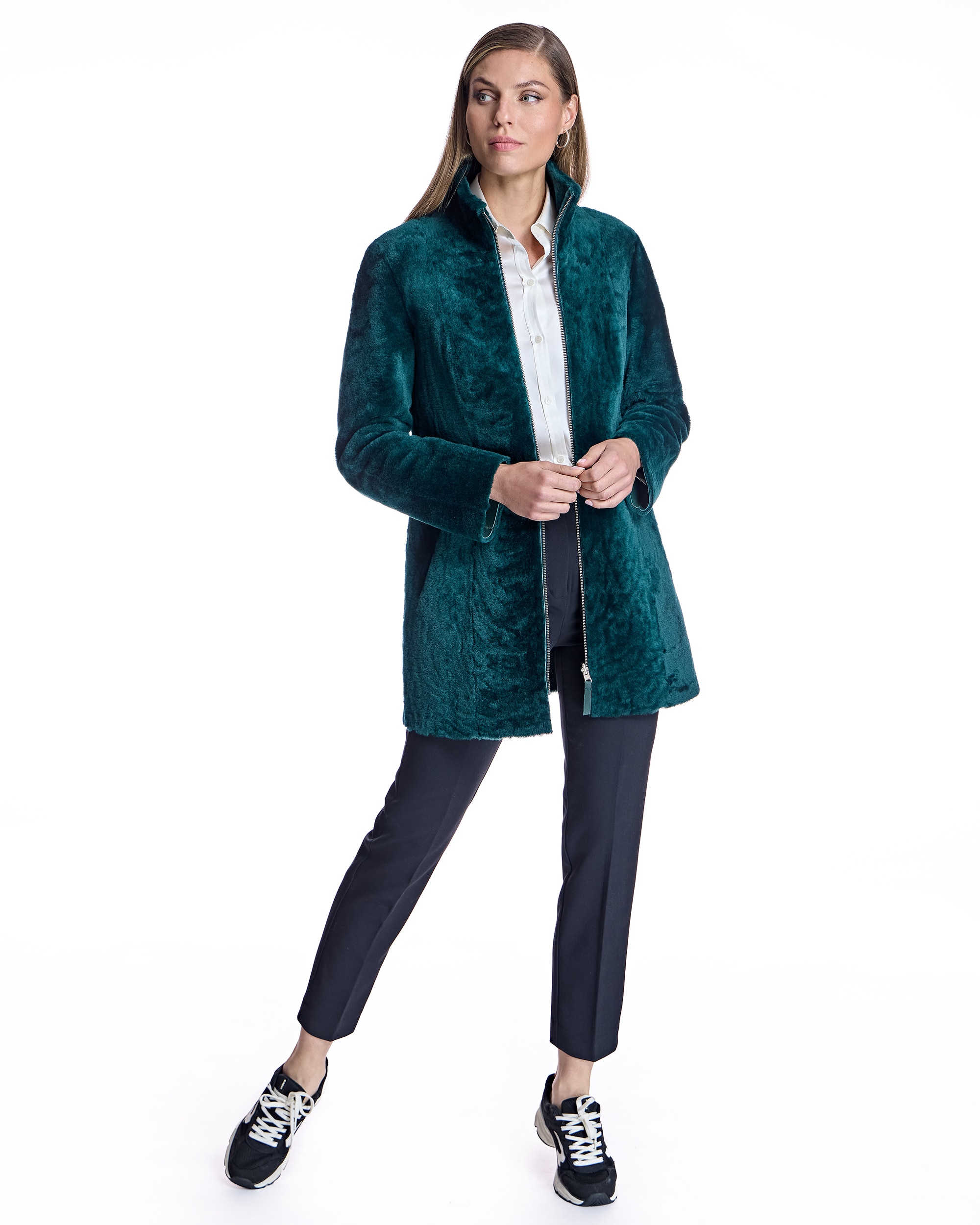 Abrigo de pelo de mujer reversible de cordero con cremallera - Maximilian - Verde oscuro Verde oscuro-4