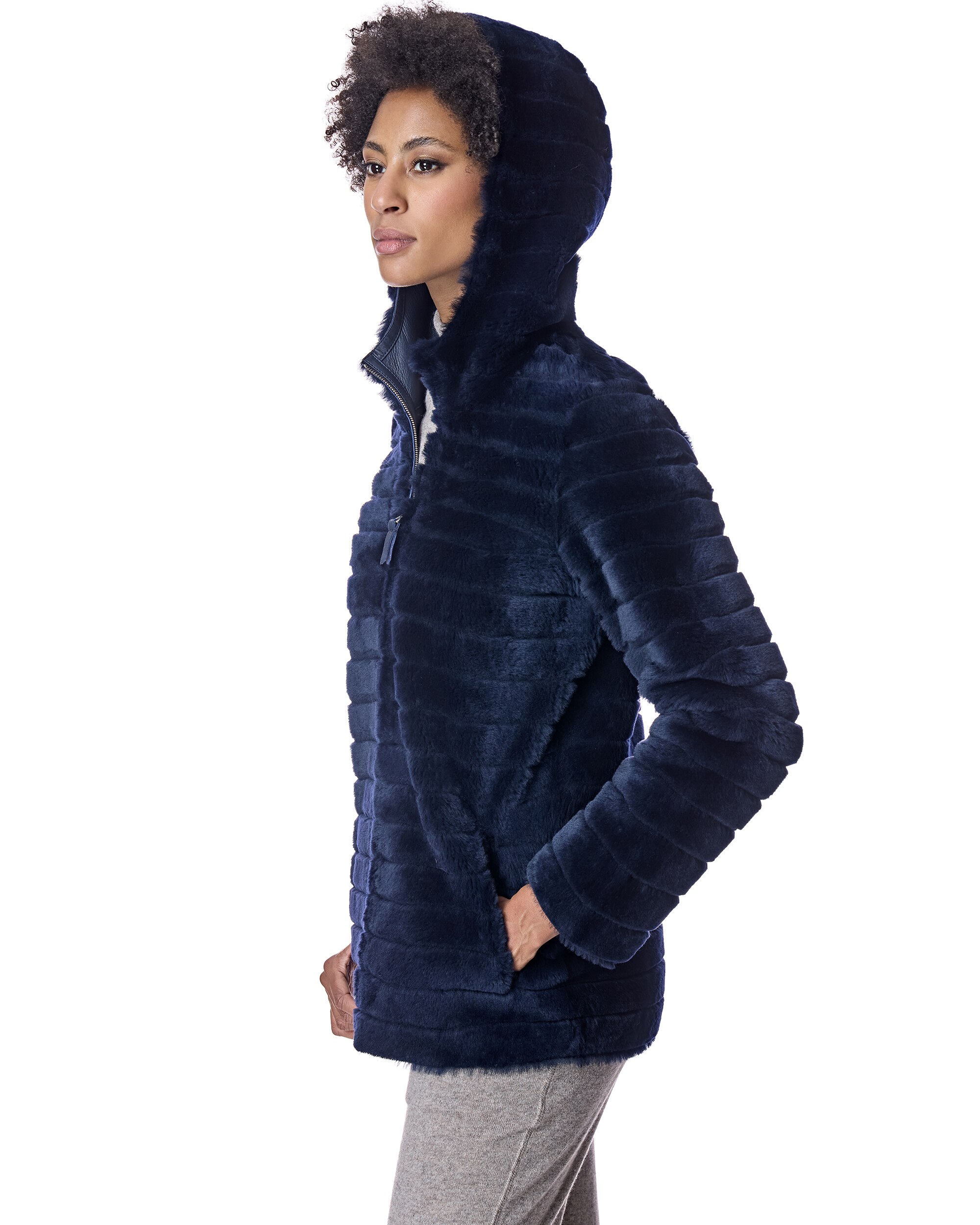 Abrigo de pelo de mujer reversible de cordero con capucha - Maximilian - Azul marino Azul marino-2