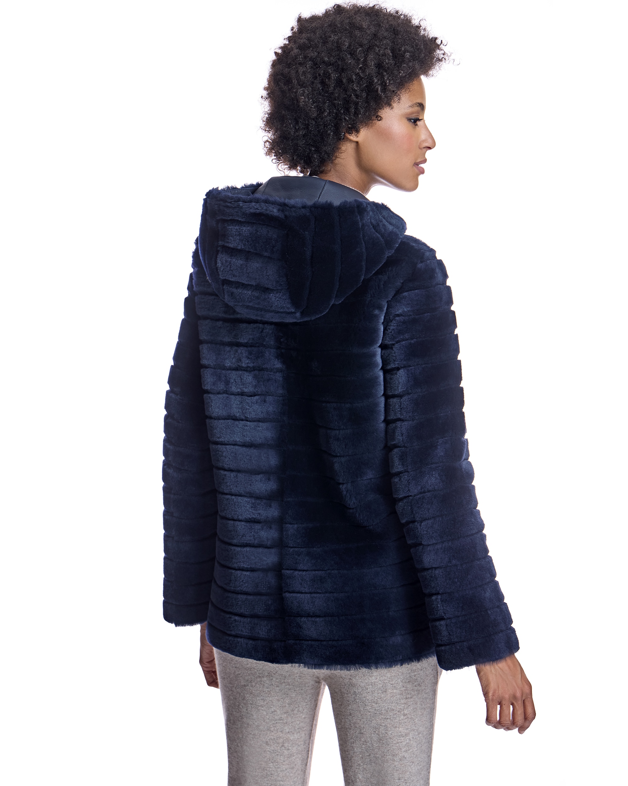 Abrigo de pelo de mujer reversible de cordero con capucha - Maximilian - Azul marino Azul marino-3