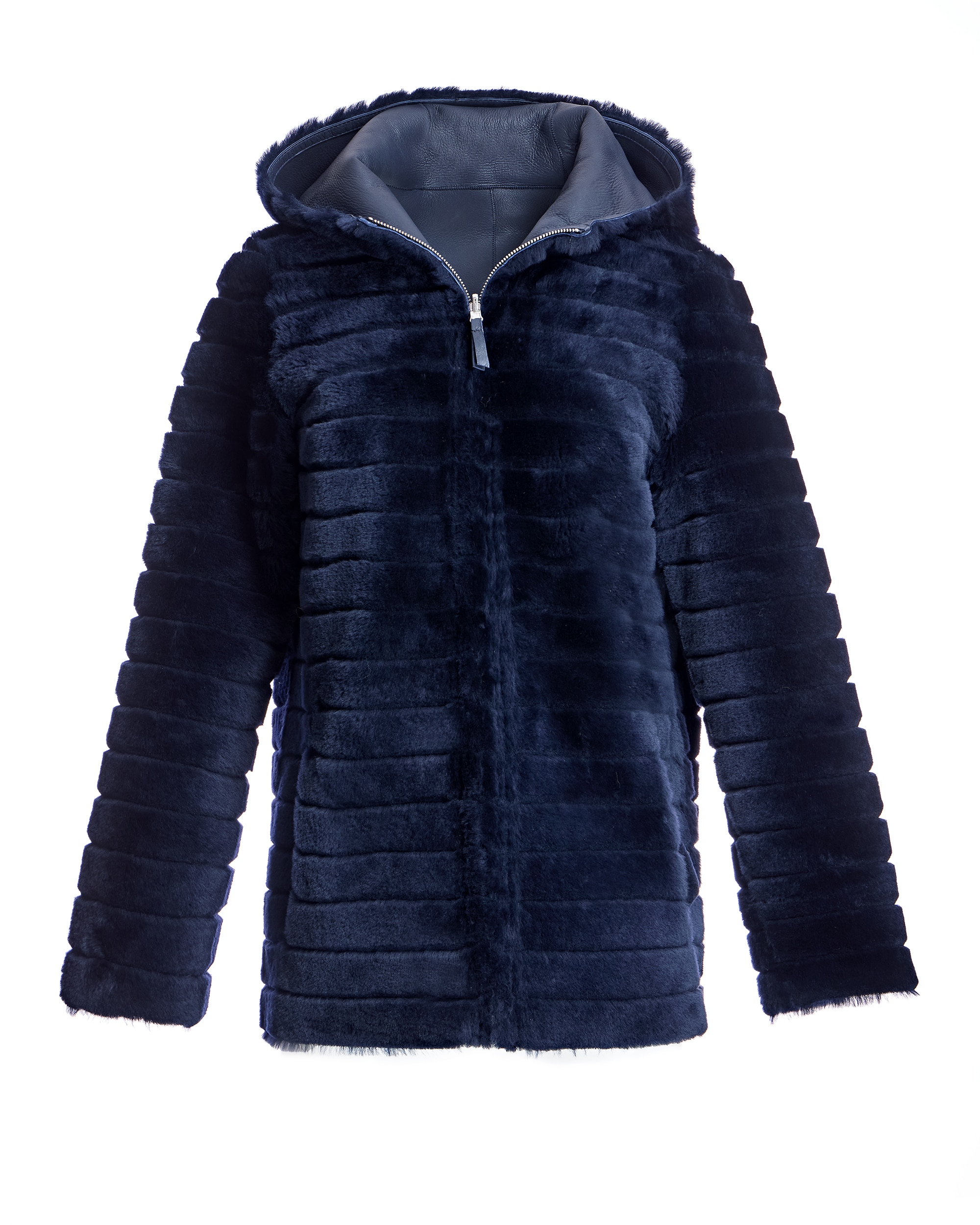 Abrigo de pelo de mujer reversible de cordero con capucha - Maximilian - Azul marino Azul marino-7