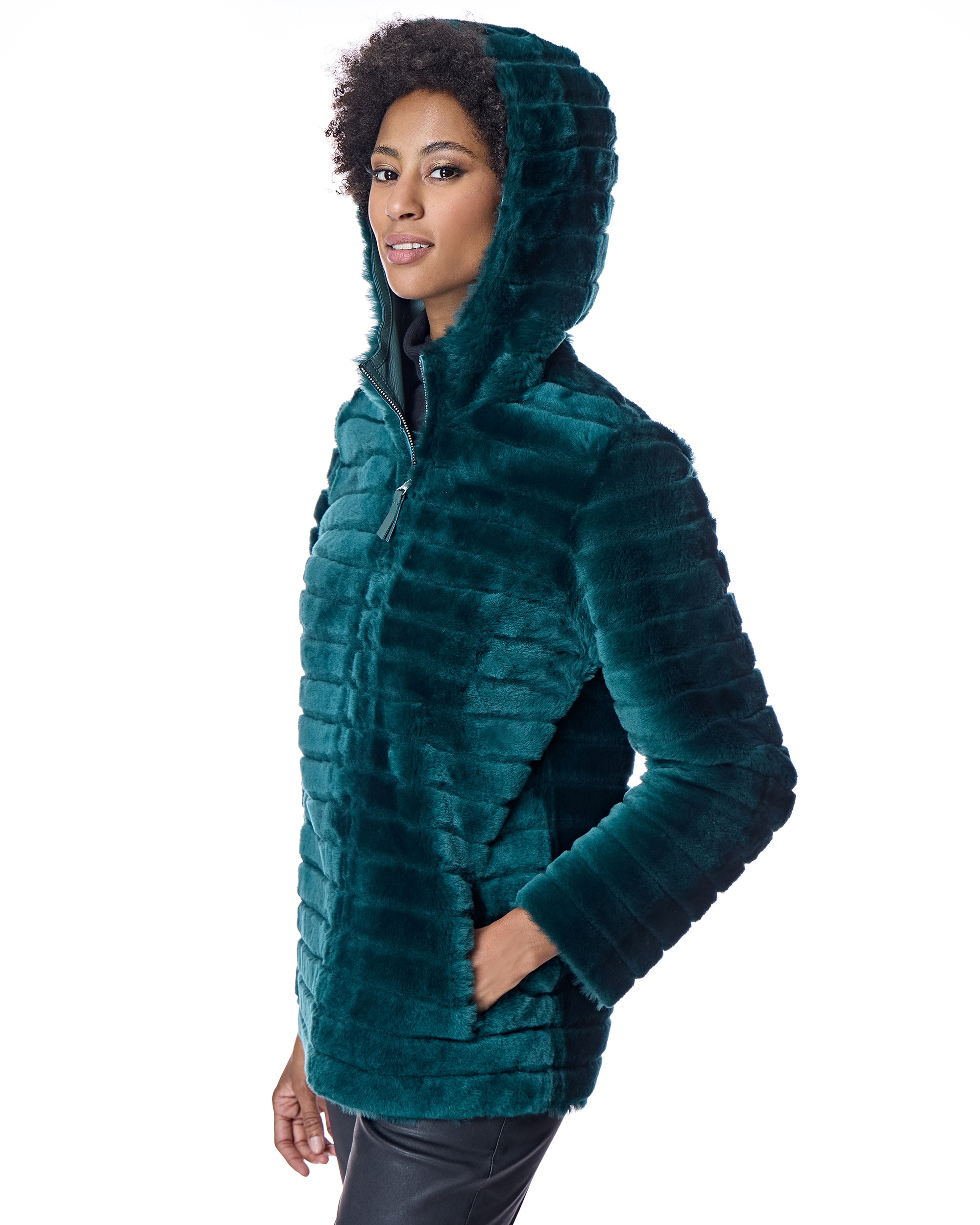 Abrigo de pelo de mujer reversible de cordero con capucha - Maximilian - Verde oscuro Verde oscuro-2