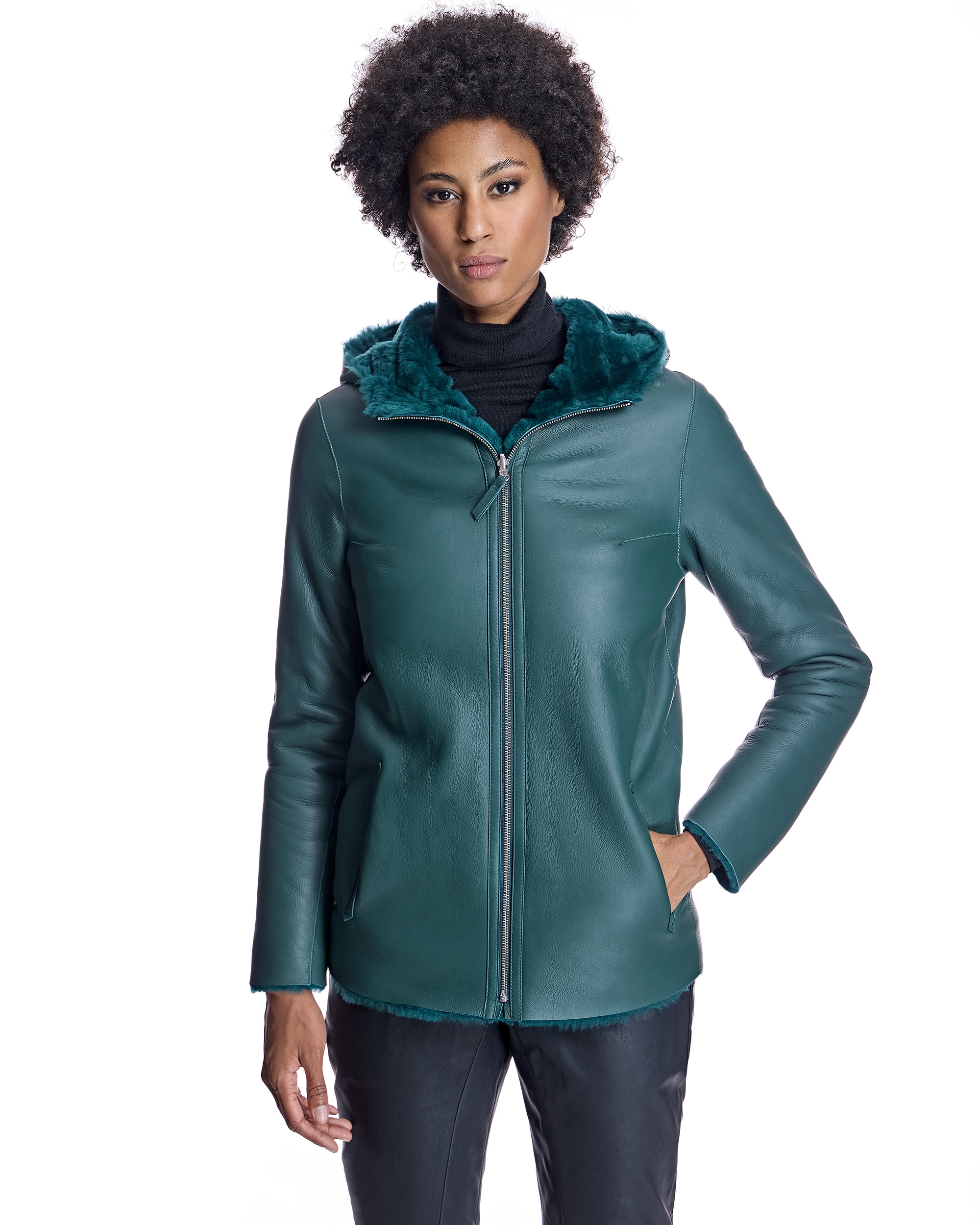 Abrigo de pelo de mujer reversible de cordero con capucha - Maximilian - Verde oscuro Verde oscuro-6
