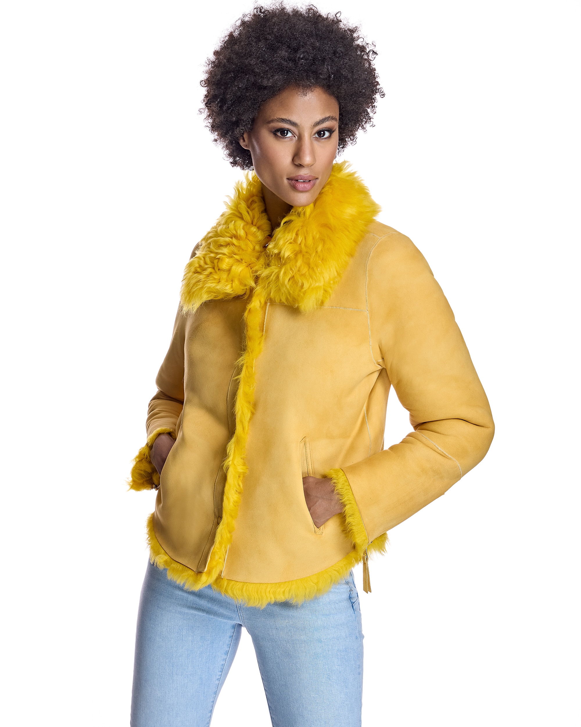 Chaqueta de pelo de mujer de cordero reversible - Maximilian - Amarillo Amarillo-1