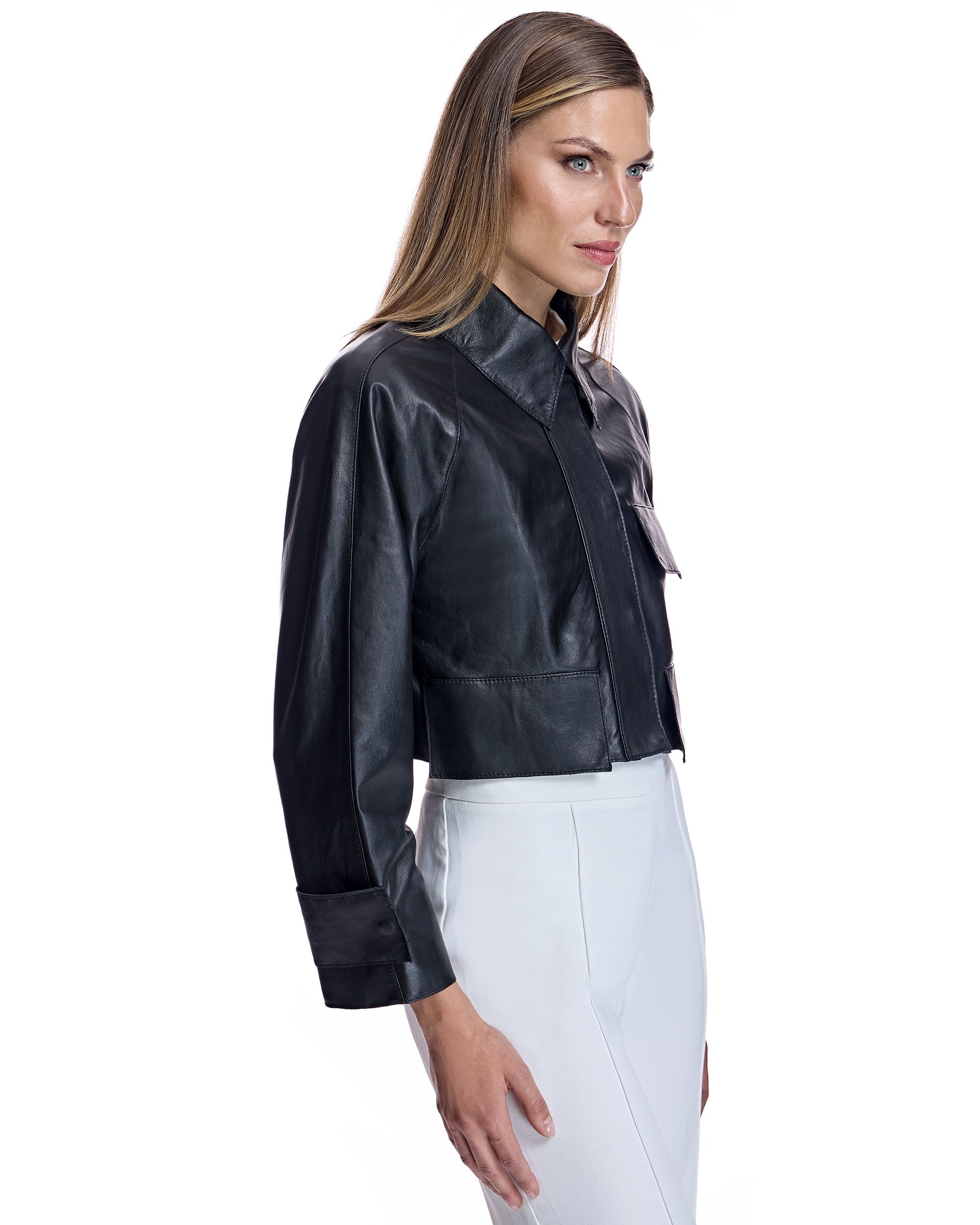 Cazadora de mujer de piel con solapas decorativas - Maximilian - Negro Negro-2