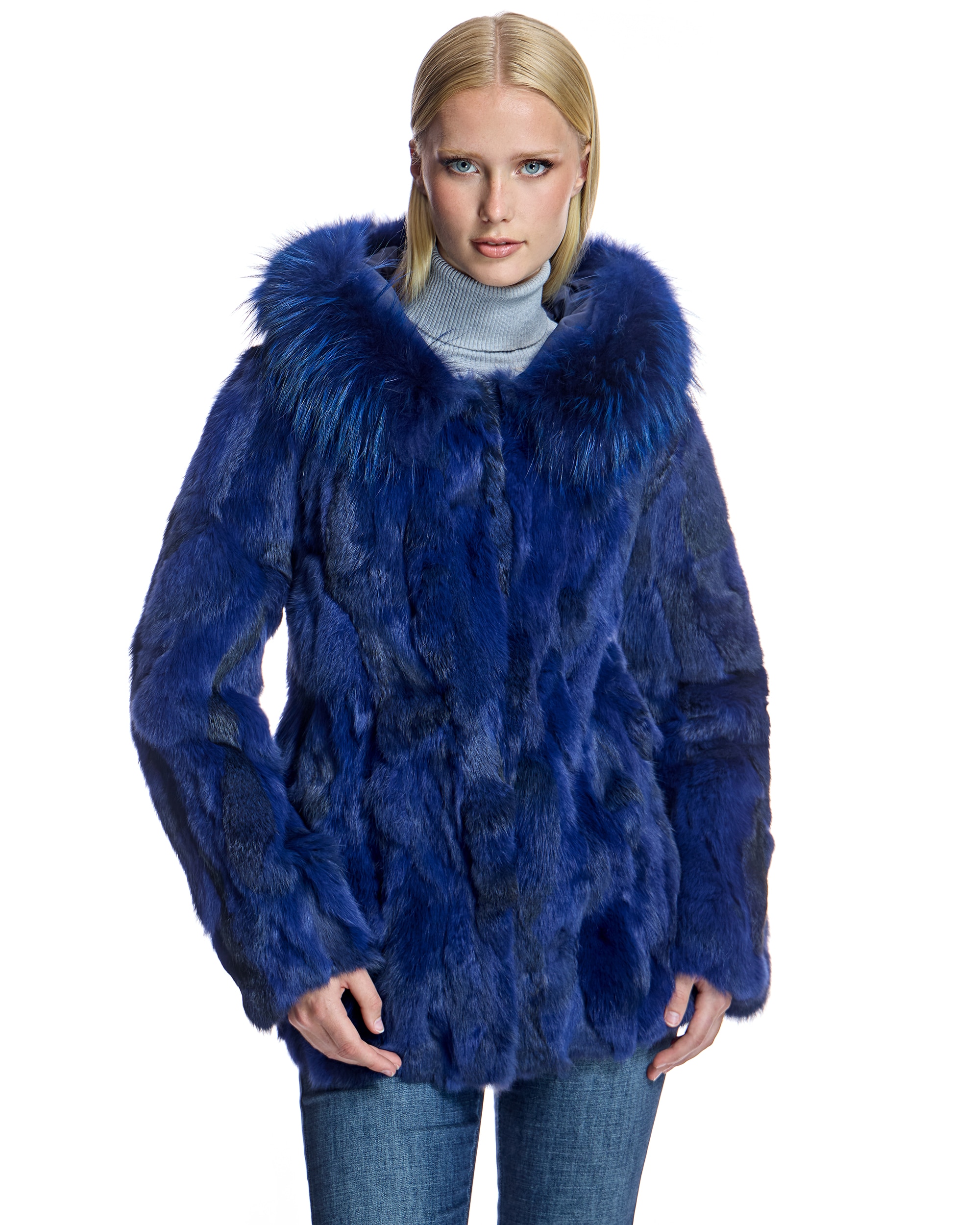 Chaqueta de mujer de pelo de conejo con capucha ribeteada en raccoon - Maximilian - Azul marino Azul marino-1
