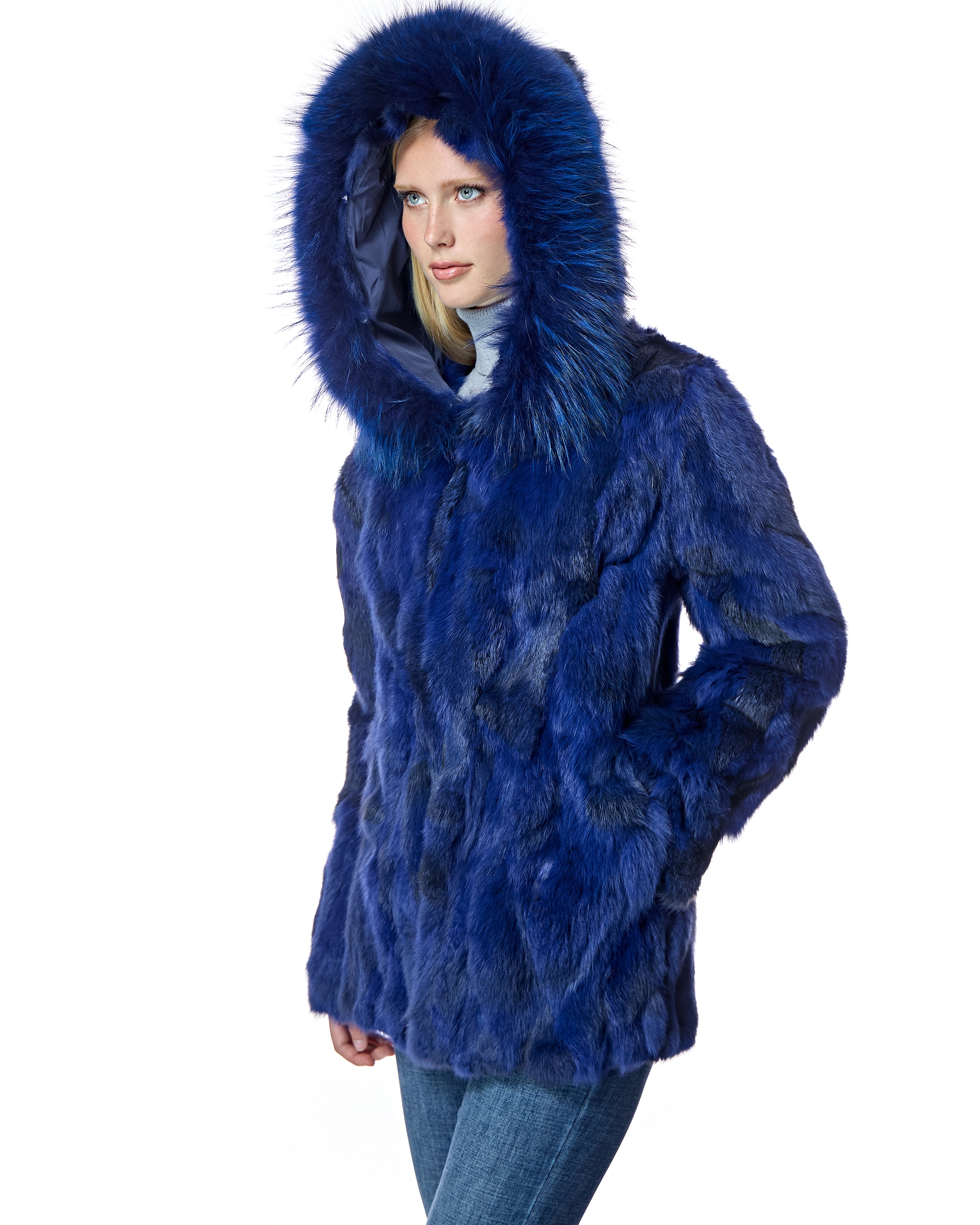 Chaqueta de mujer de pelo de conejo con capucha ribeteada en raccoon - Maximilian - Azul marino Azul marino-2