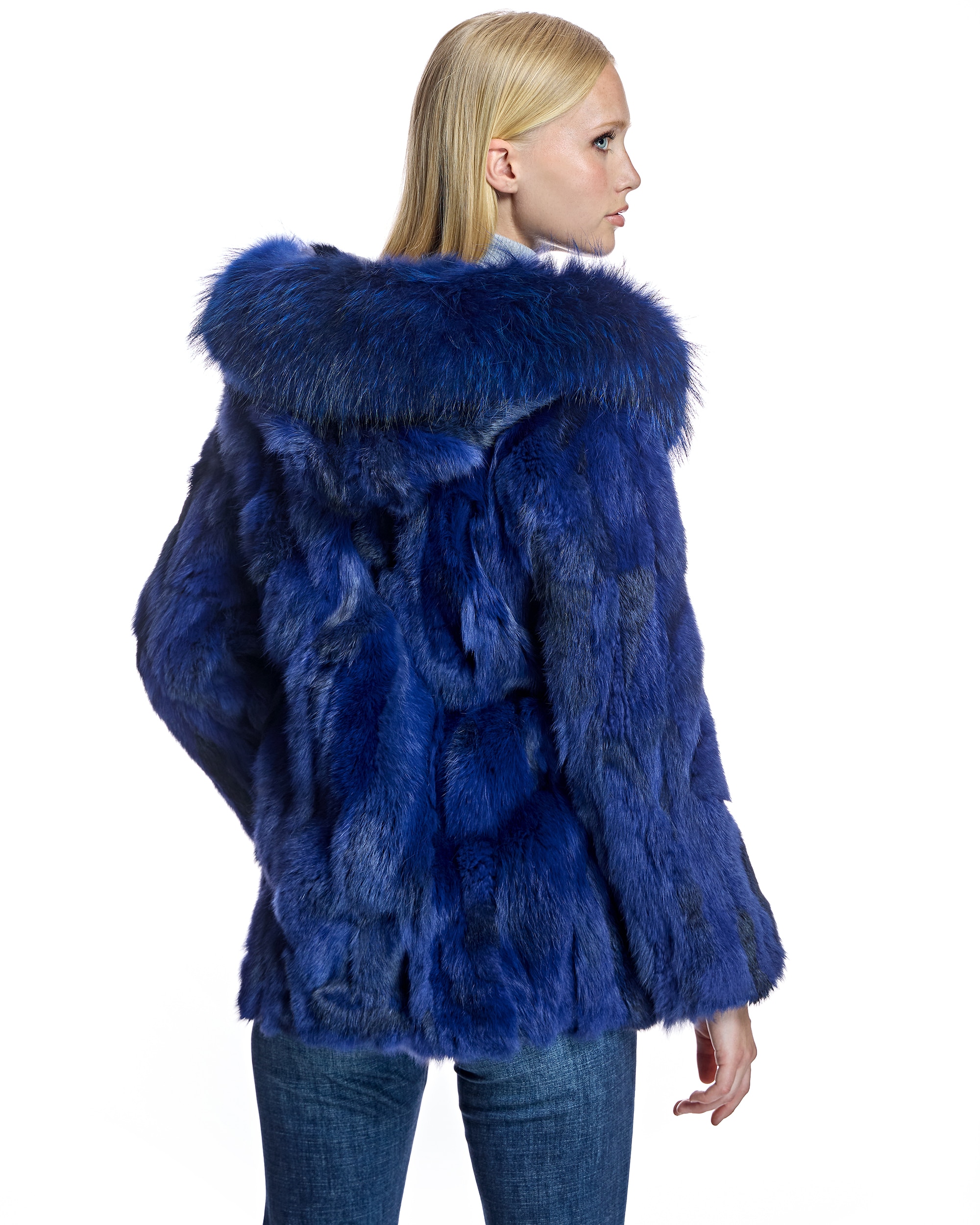 Chaqueta de mujer de pelo de conejo con capucha ribeteada en raccoon - Maximilian - Azul marino Azul marino-3