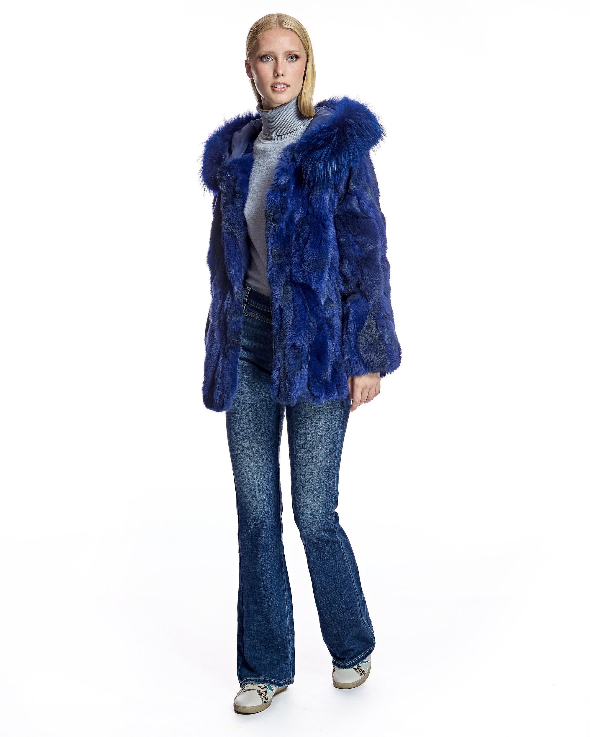 Chaqueta de mujer de pelo de conejo con capucha ribeteada en raccoon - Maximilian - Azul marino Azul marino-4