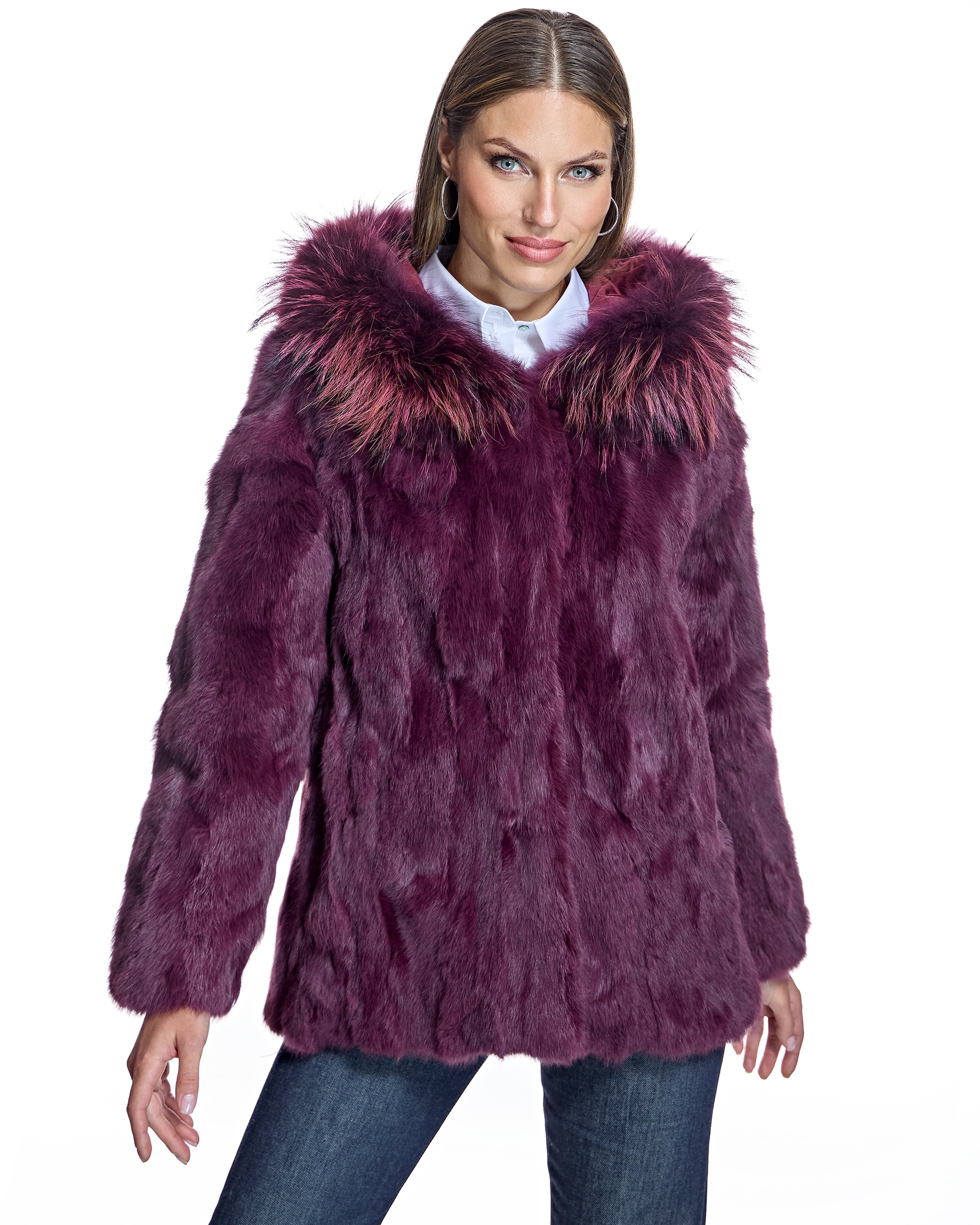 Chaqueta de mujer de pelo de conejo con capucha ribeteada en raccoon - Maximilian - Purpura Purpura-1