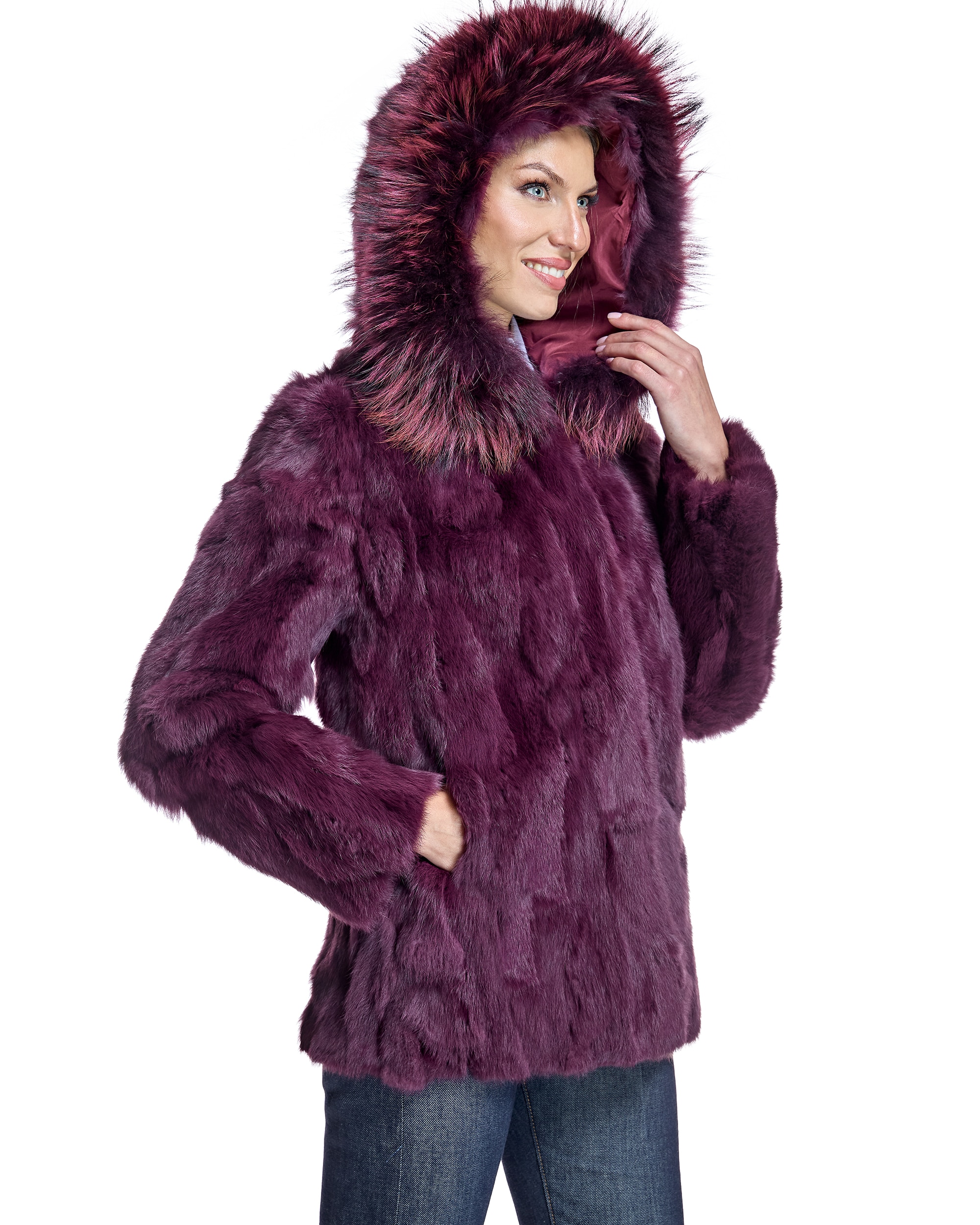 Chaqueta de mujer de pelo de conejo con capucha ribeteada en raccoon - Maximilian - Purpura Purpura-2