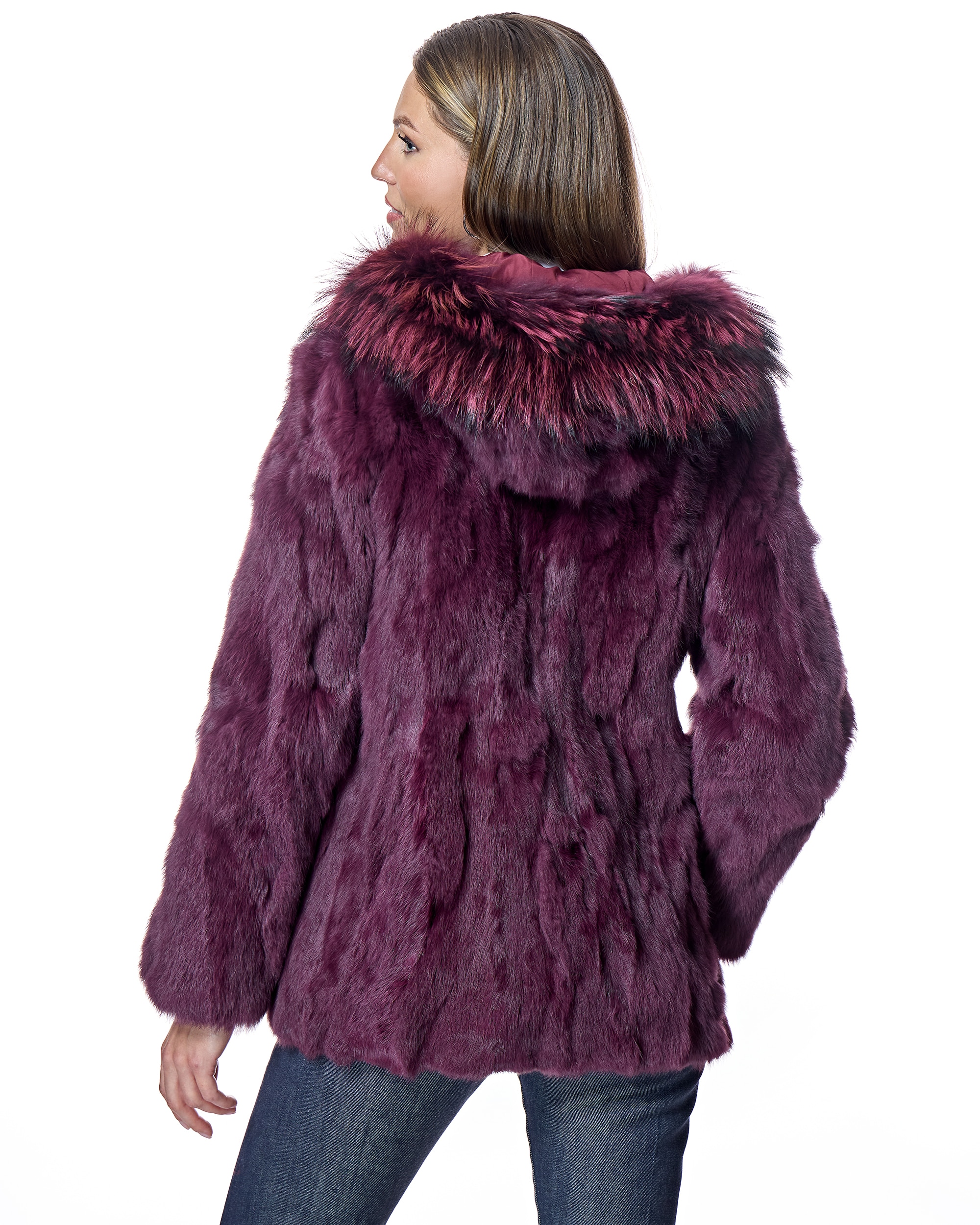 Chaqueta de mujer de pelo de conejo con capucha ribeteada en raccoon - Maximilian - Purpura Purpura-3