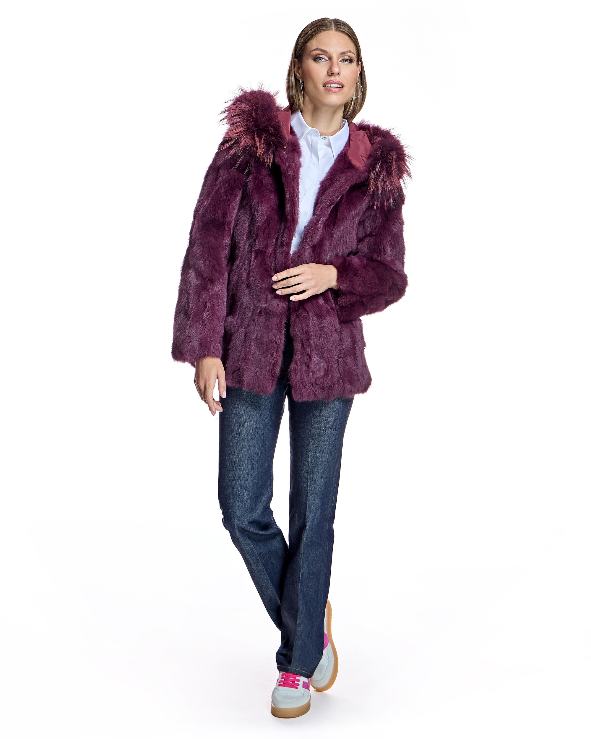 Chaqueta de mujer de pelo de conejo con capucha ribeteada en raccoon - Maximilian - Purpura Purpura-4